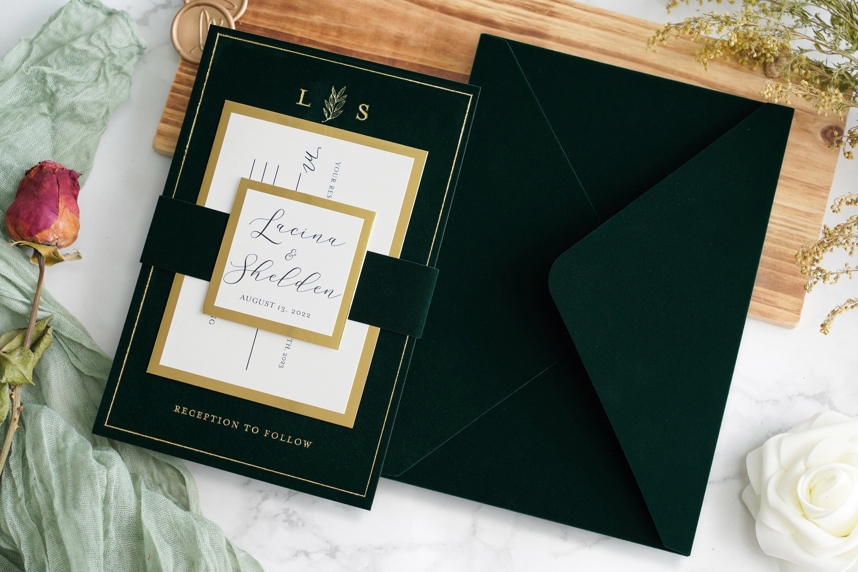PONATIA  Emerald Green Gold Foil Print Velvet Wedding Invitation Cards with Envelopes