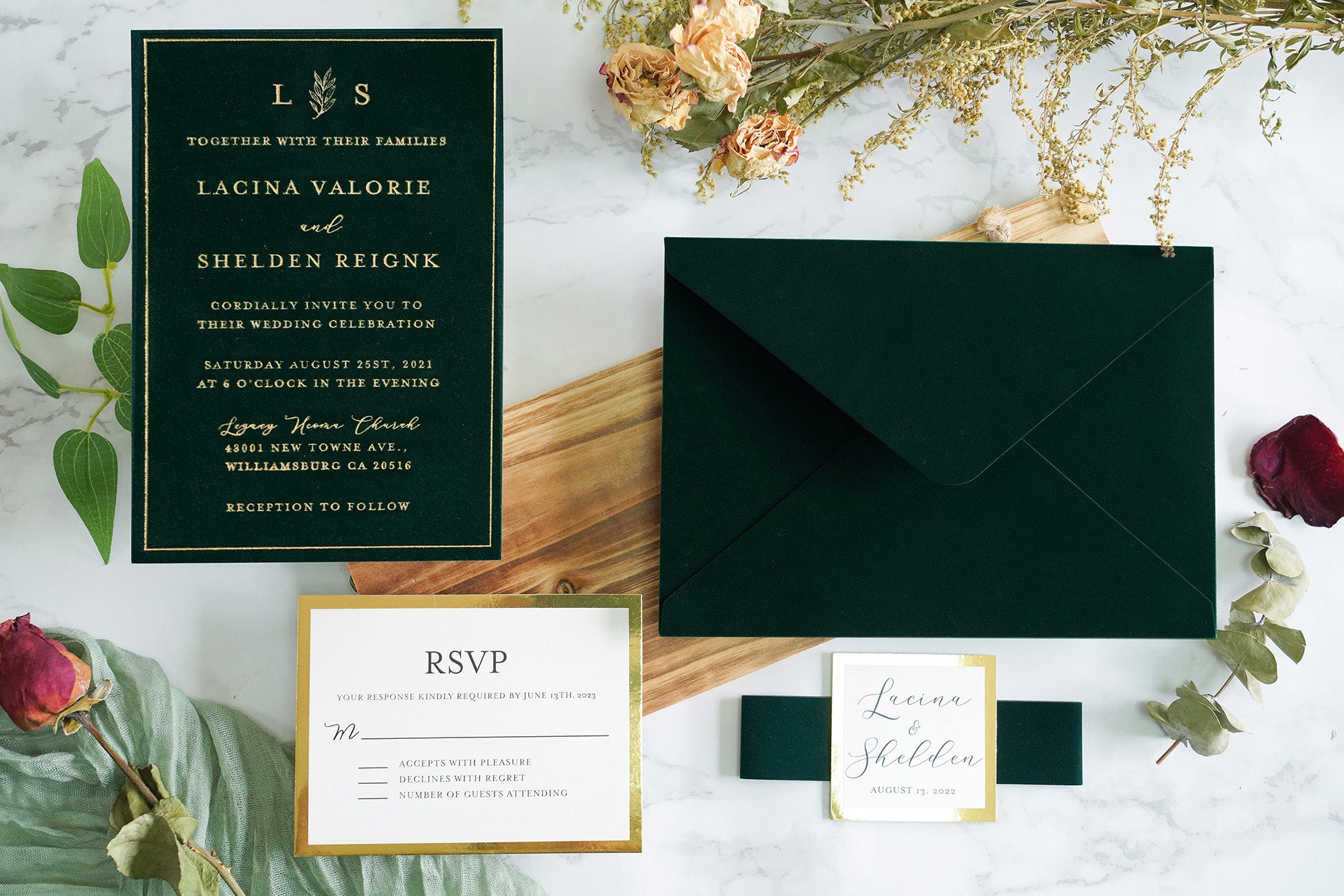 PONATIA  Emerald Green Gold Foil Print Velvet Wedding Invitation Cards with Envelopes