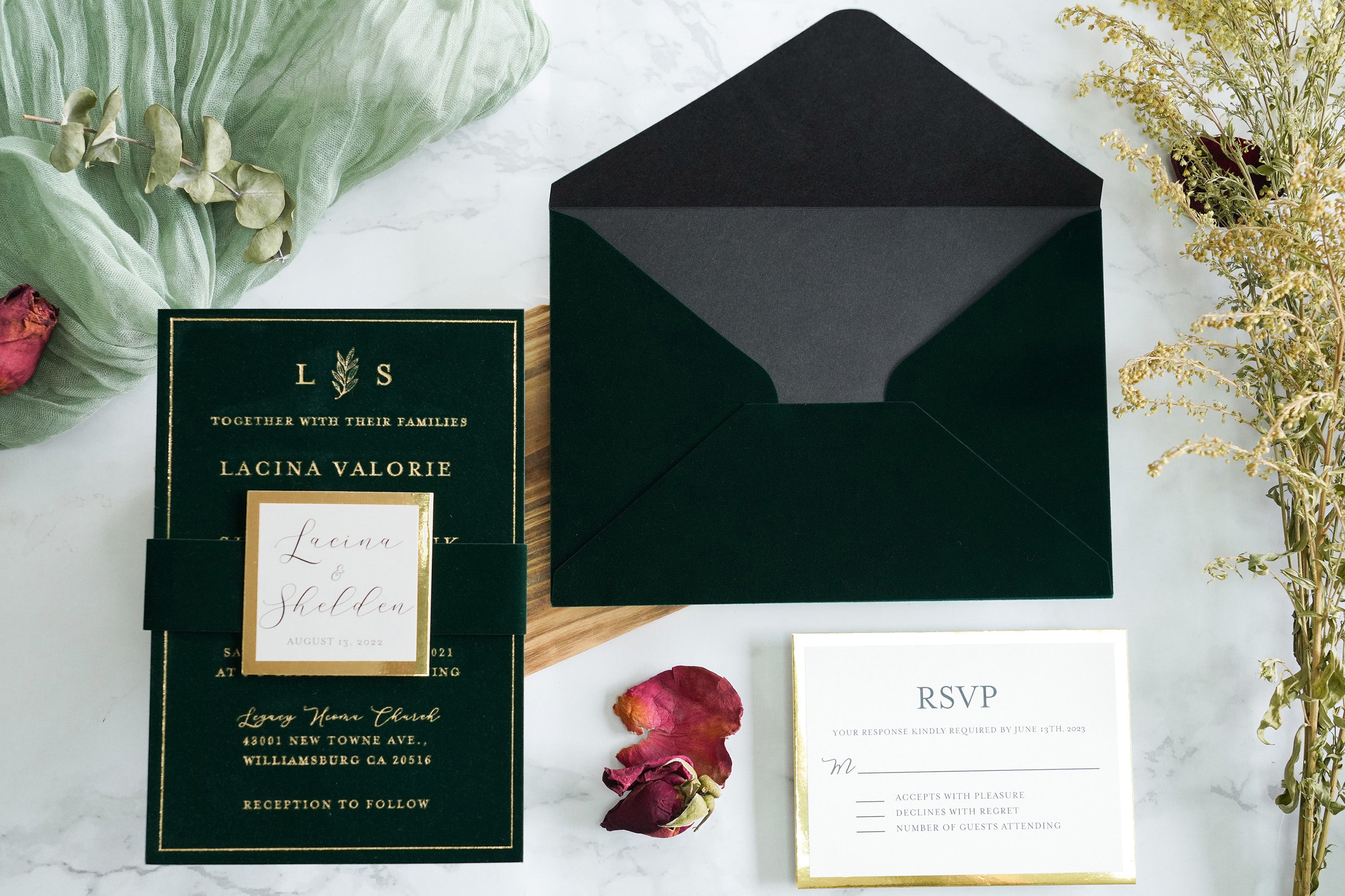 PONATIA  Emerald Green Gold Foil Print Velvet Wedding Invitation Cards with Envelopes