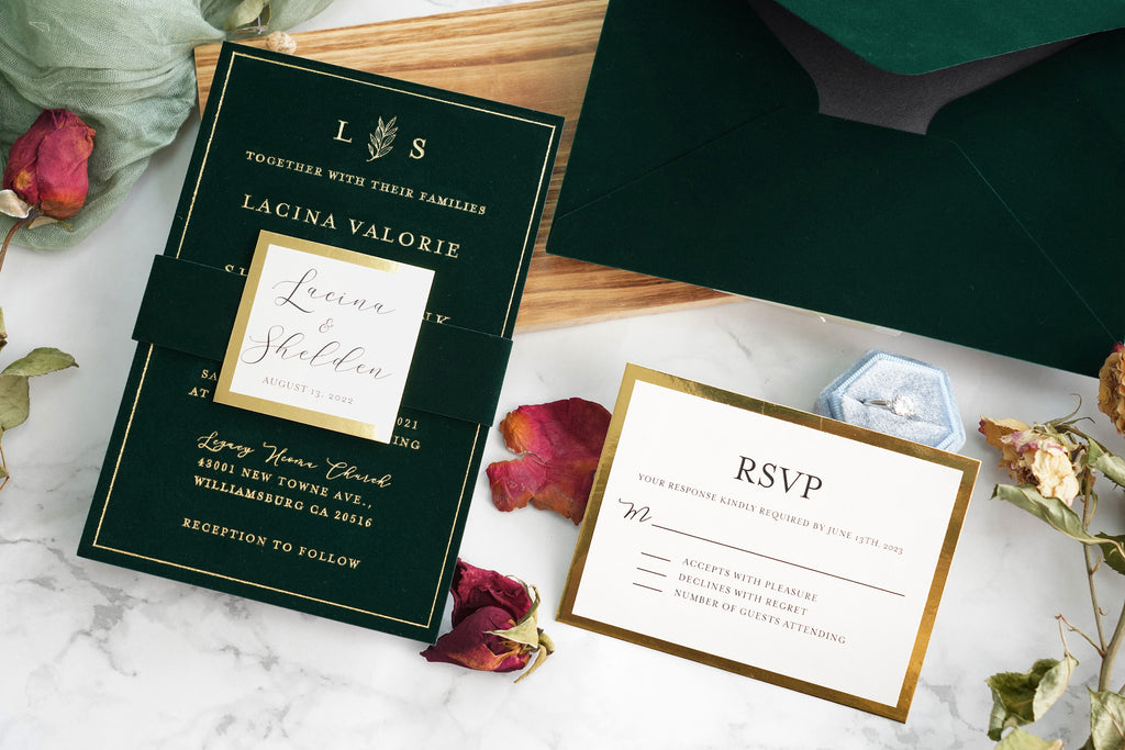 PONATIA  Emerald Green Gold Foil Print Velvet Wedding Invitation Cards with Envelopes