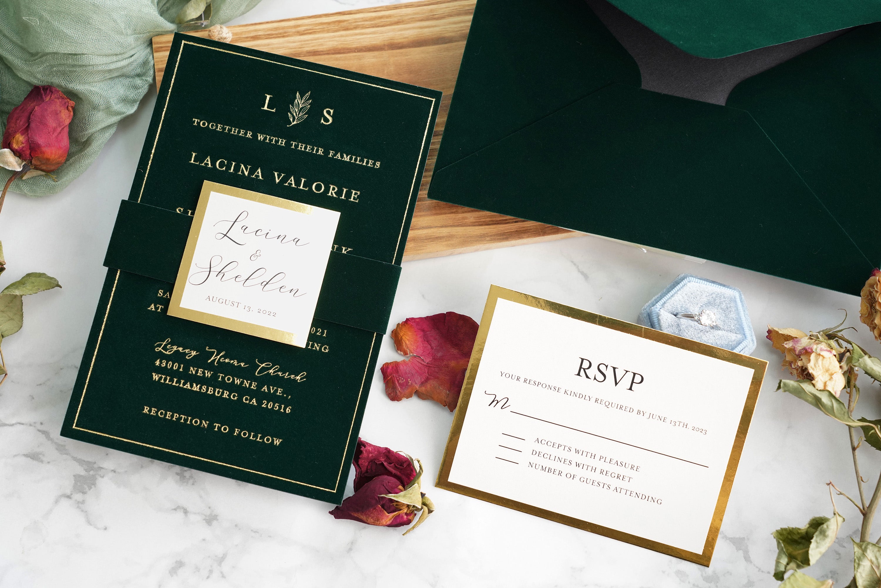 PONATIA  Emerald Green Gold Foil Print Velvet Wedding Invitation Cards with Envelopes