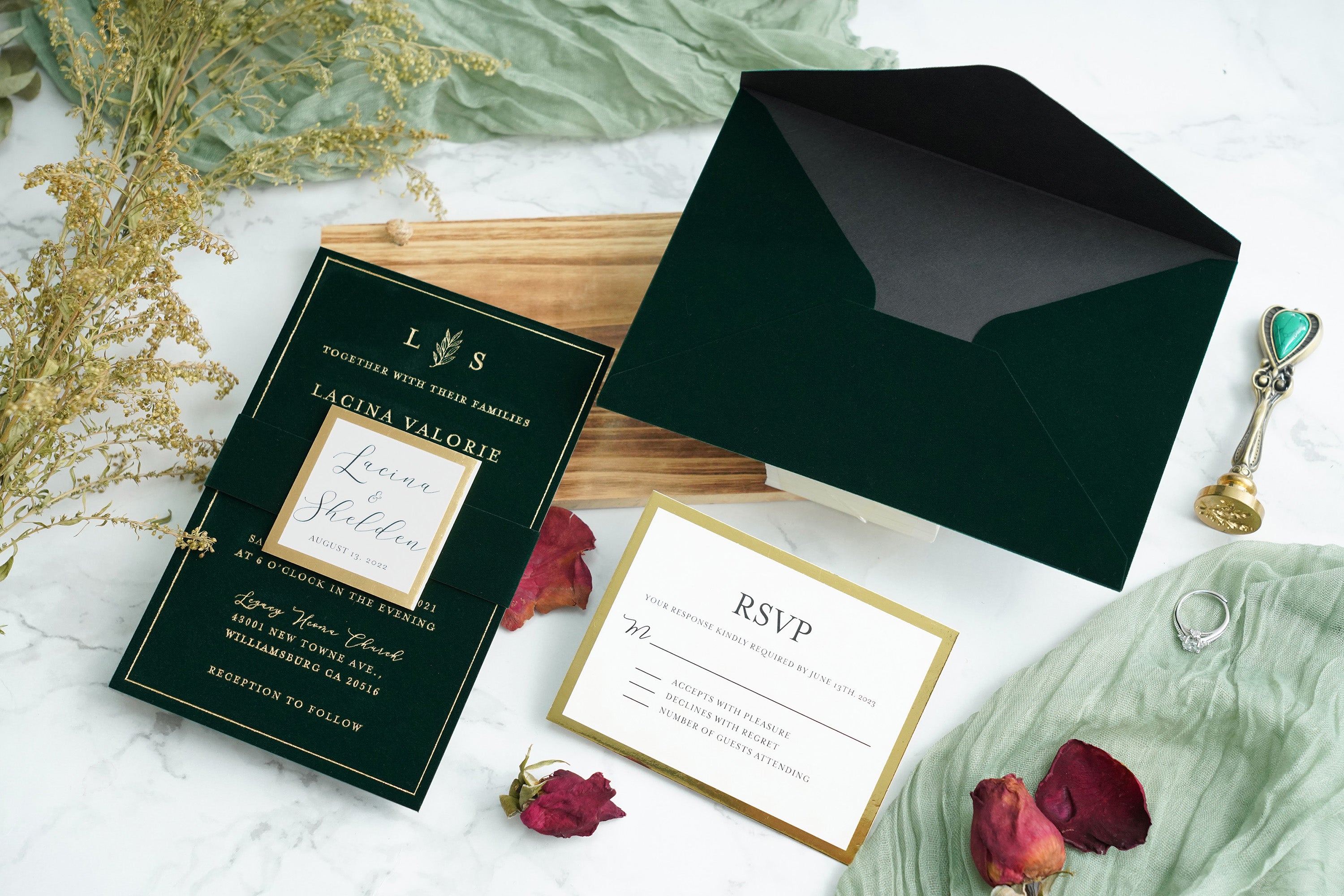 PONATIA  Emerald Green Gold Foil Print Velvet Wedding Invitation Cards with Envelopes