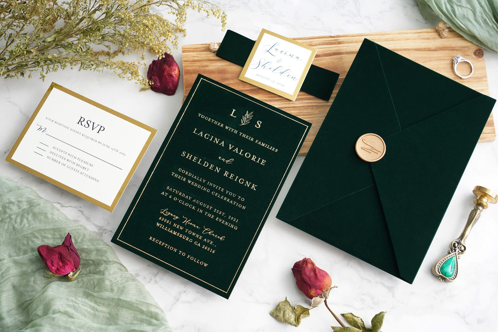 PONATIA  Emerald Green Gold Foil Print Velvet Wedding Invitation Cards with Envelopes
