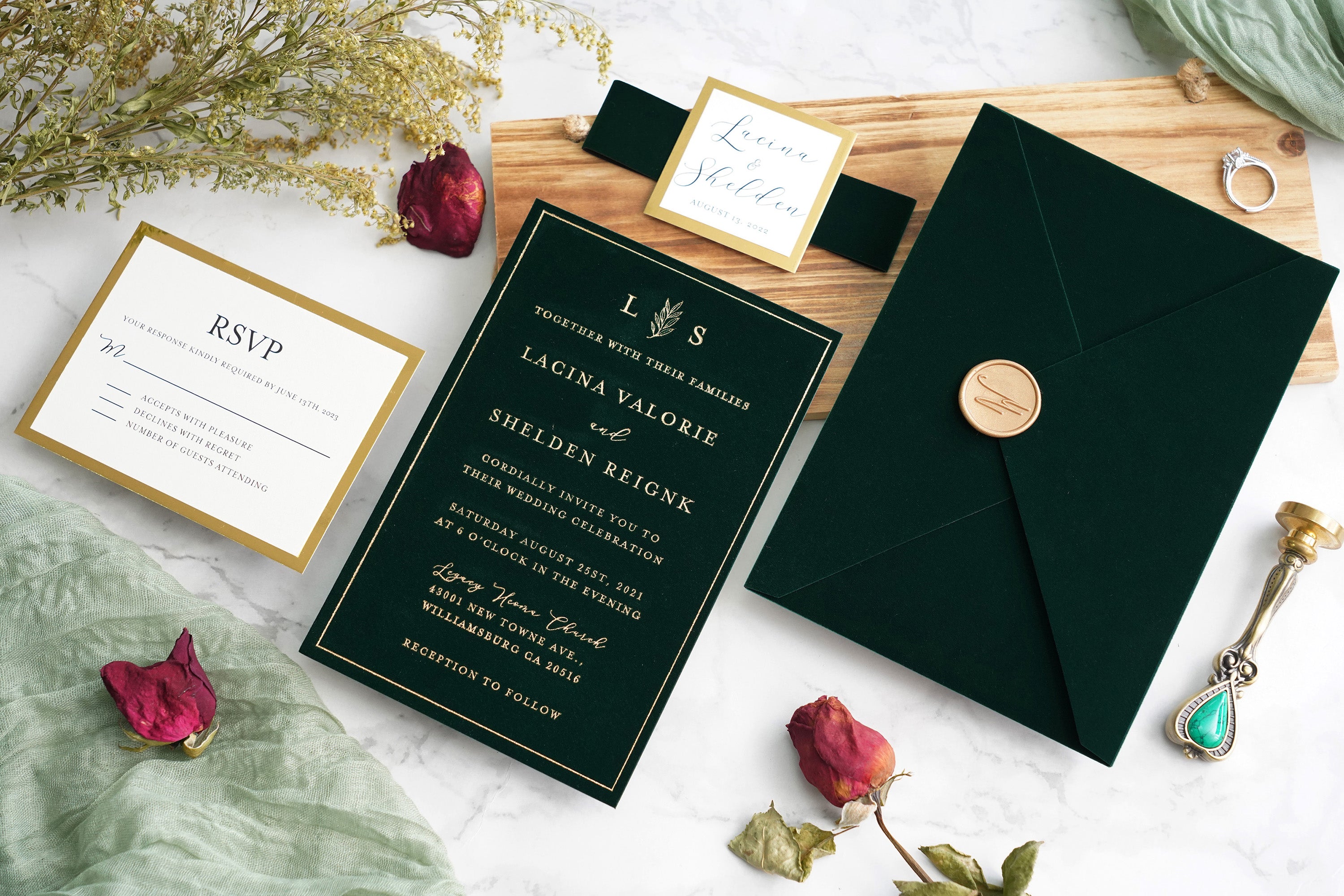 PONATIA  Emerald Green Gold Foil Print Velvet Wedding Invitation Cards with Envelopes