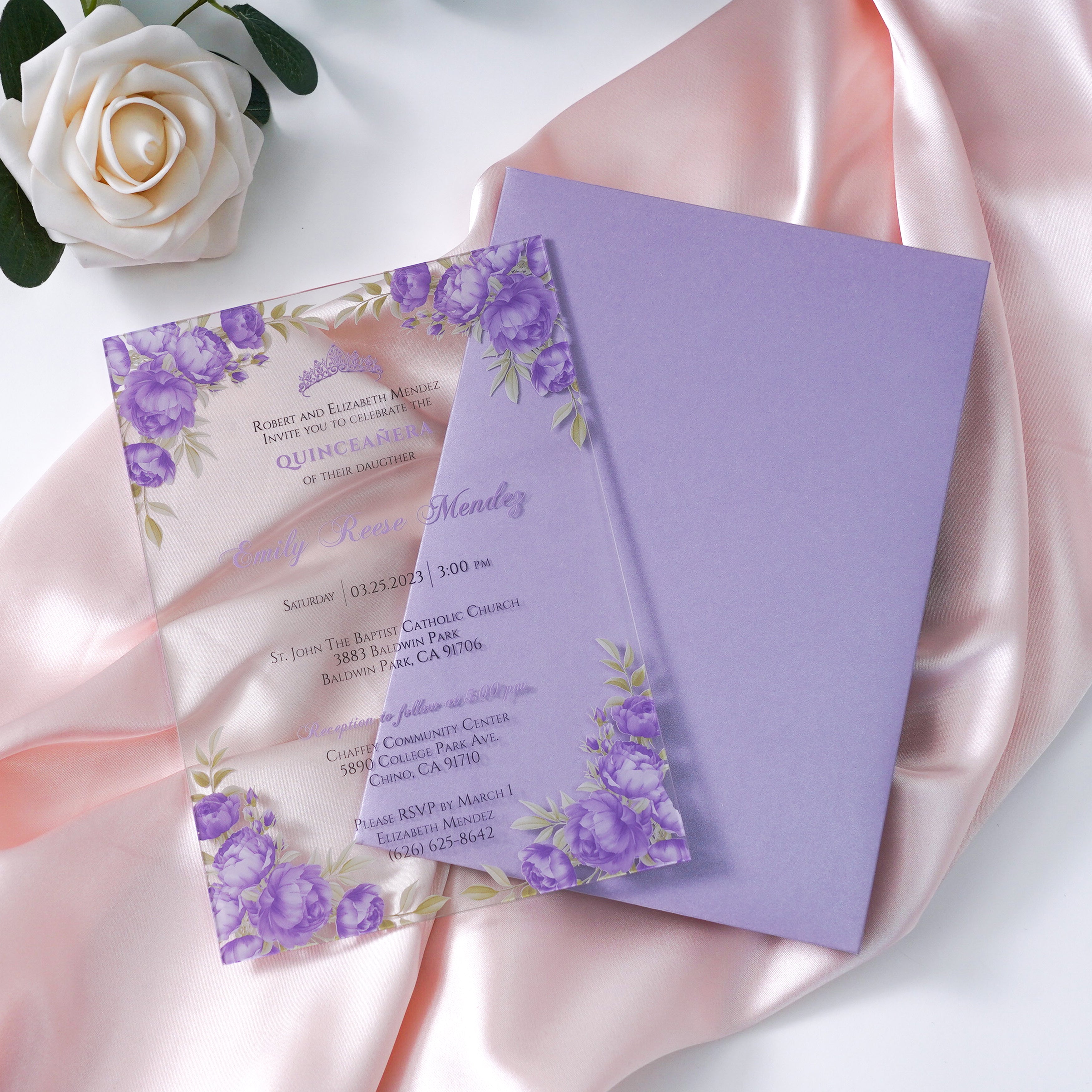 PONATIA 1mm/0.04" Lilac Clear Acrylic Quinceanera Invitation Cards with Envelopes
