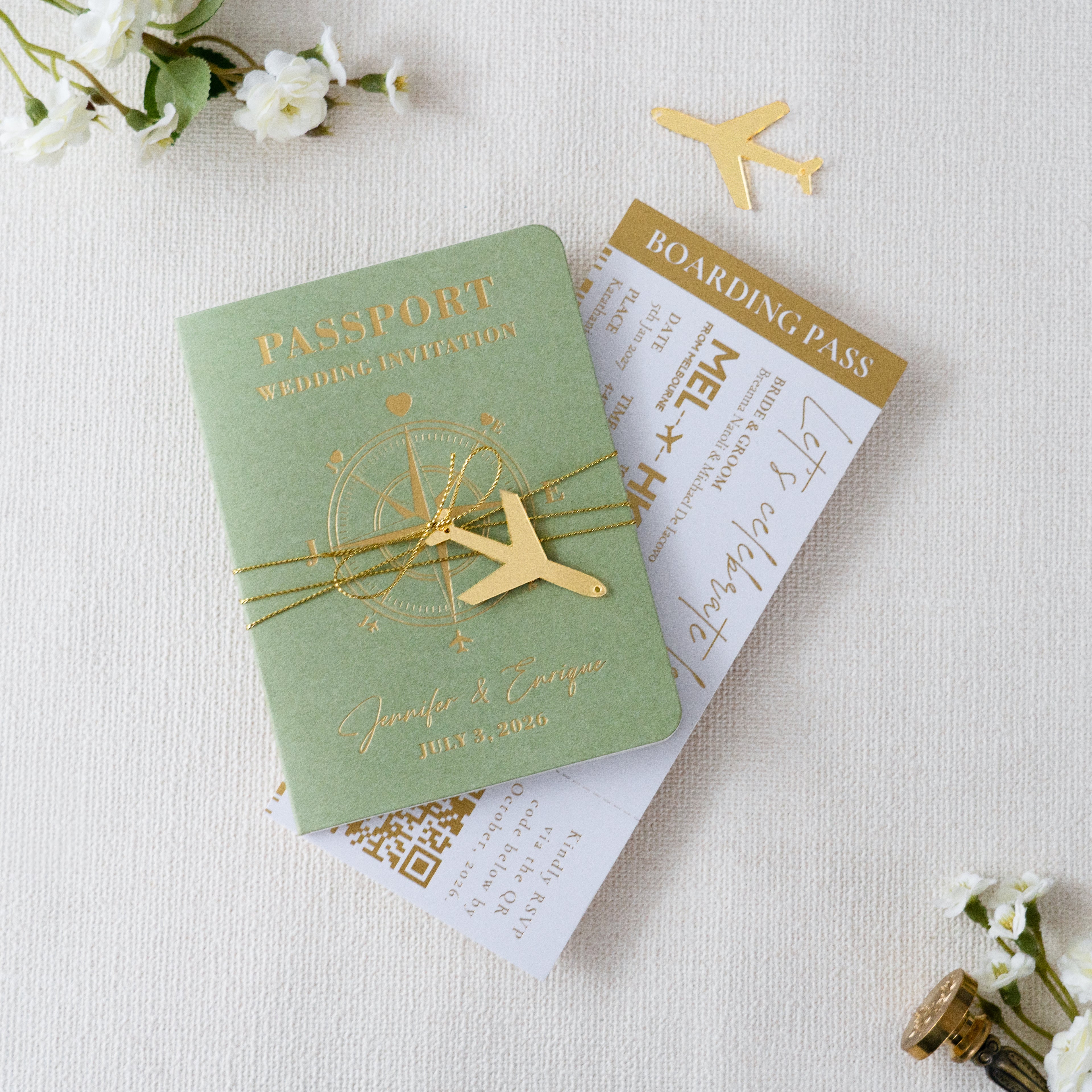 PONATIA Sage Green Wedding Passport Invite & Mirror Tag Passport Invitation Suite