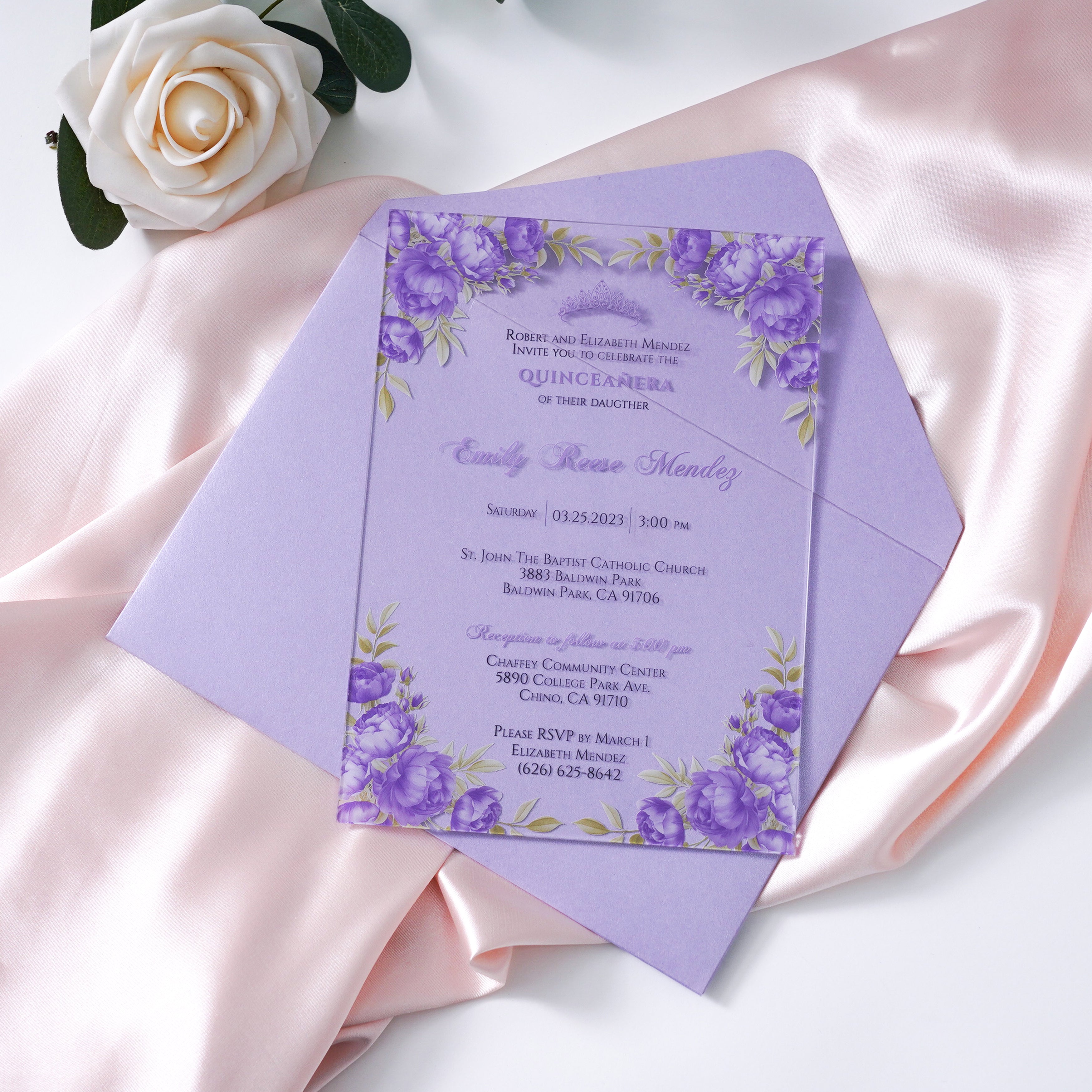 PONATIA 1mm/0.04" Lilac Clear Acrylic Quinceanera Invitation Cards with Envelopes