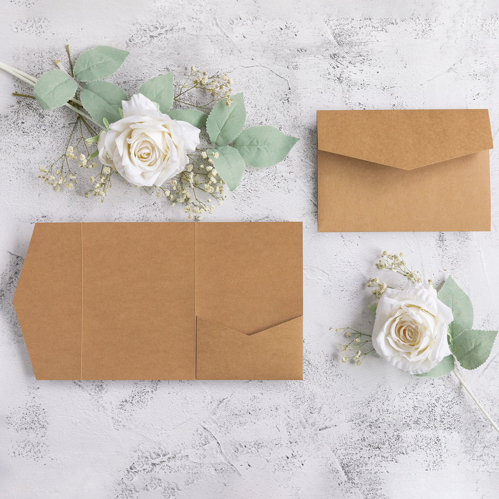 PONATIA 20 PCS Ivory Tri-fold Wedding Invitation Pockets for 5x7 Wedding Cards