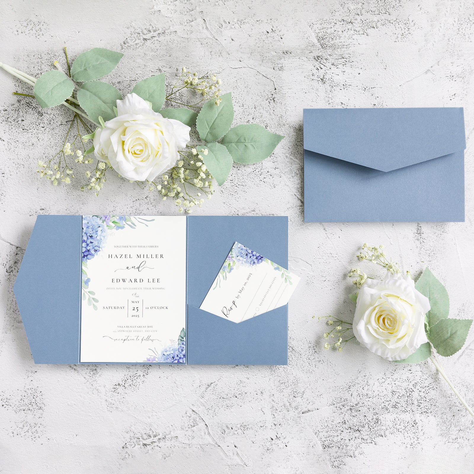 PONATIA 20 PCS Dusty Blue Tri-fold Wedding Invitation Pockets for 5x7 Wedding Cards
