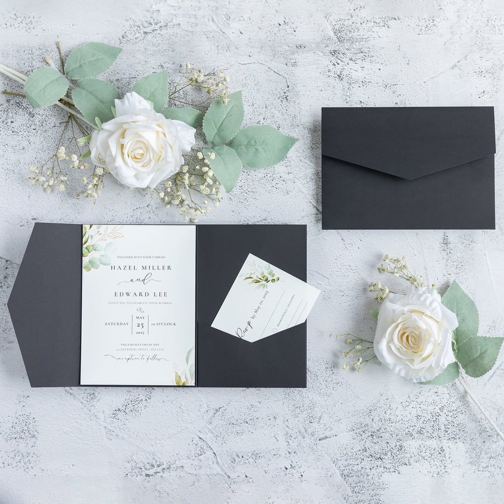 PONATIA 20 PCS Black Tri-fold Wedding Invitation Pockets for 5x7 Wedding Cards