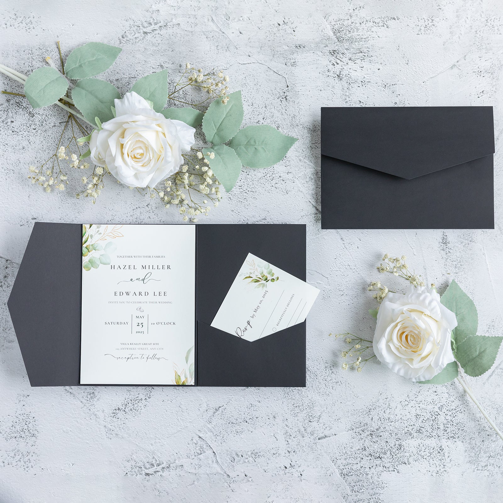 PONATIA 20 PCS Black Tri-fold Wedding Invitation Pockets for 5x7 Wedding Cards