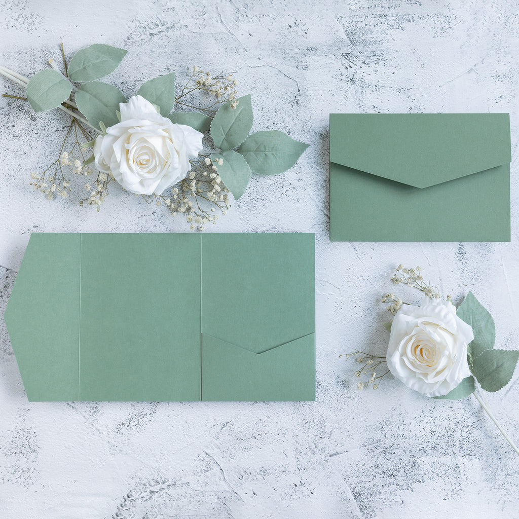 PONATIA 20 PCS Sage Green Tri-fold Wedding Invitation Pockets for 5x7 Wedding Cards