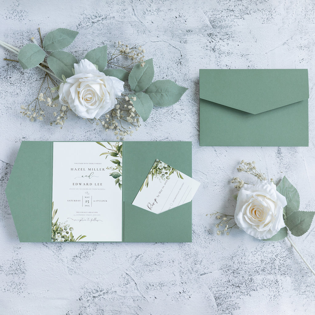 PONATIA 20 PCS Sage Green Tri-fold Wedding Invitation Pockets for 5x7 Wedding Cards