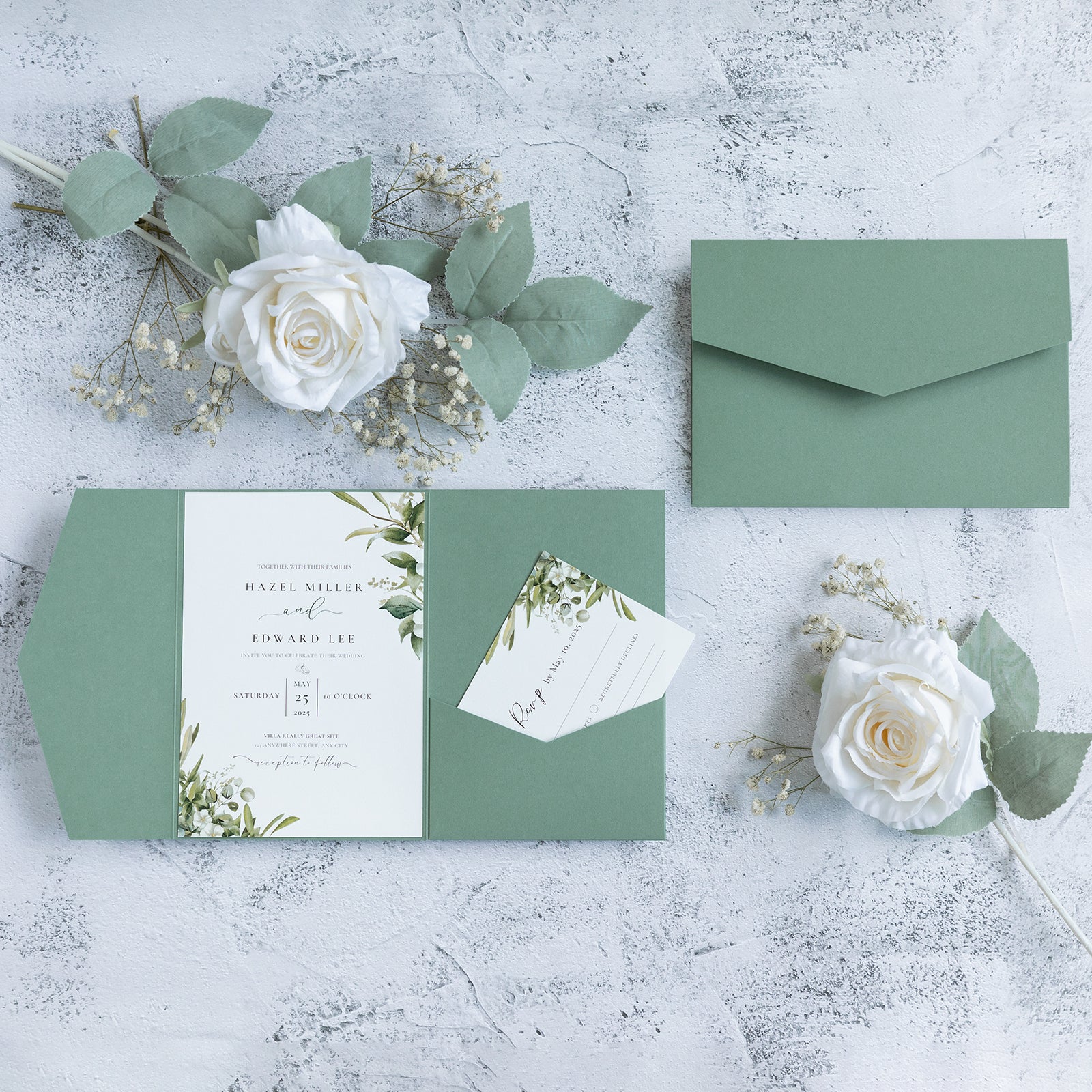 PONATIA 20 PCS Sage Green Tri-fold Wedding Invitation Pockets for 5x7 Wedding Cards