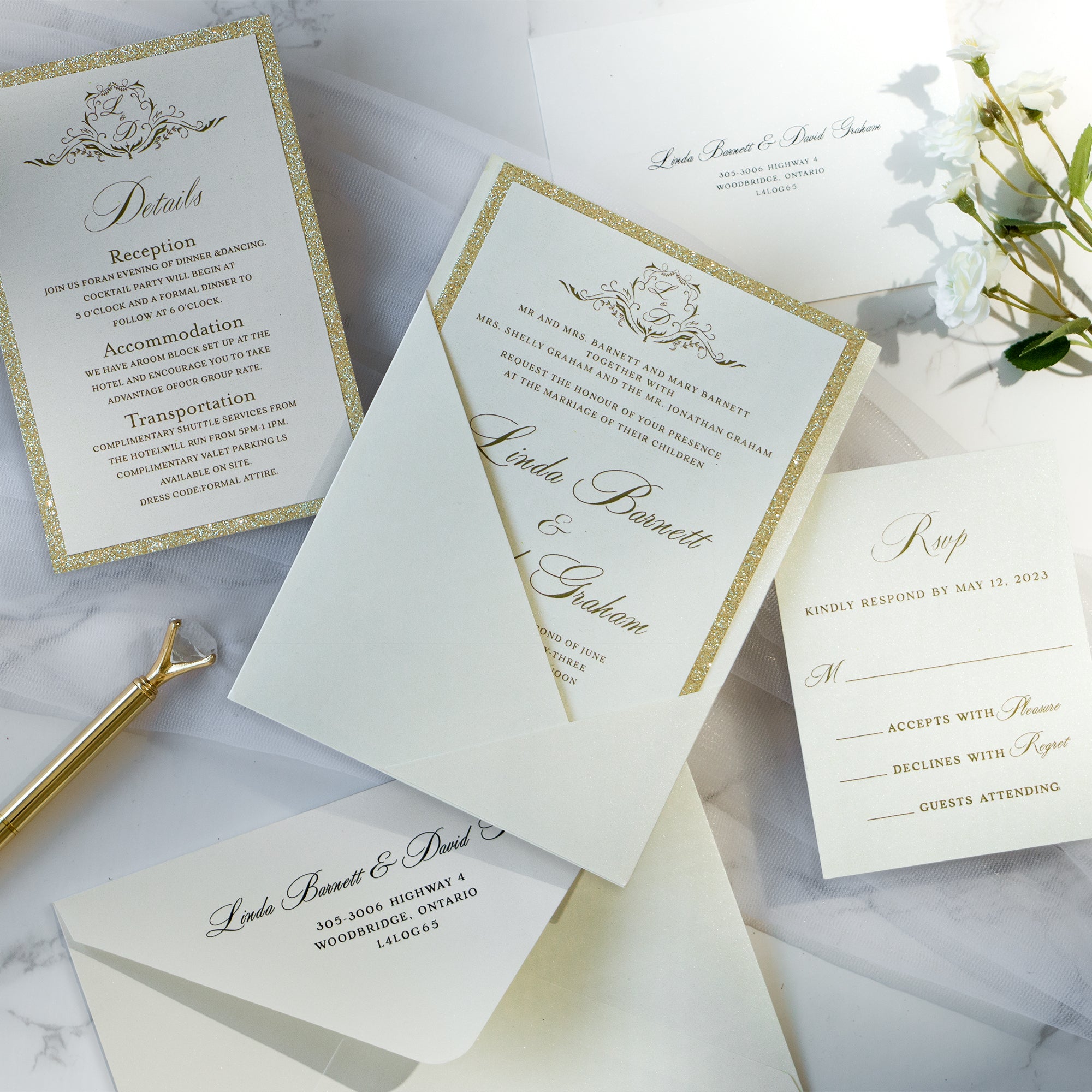 PONATIA Ivory Panel Pocket Wedding Invitation Cards with Envelopes