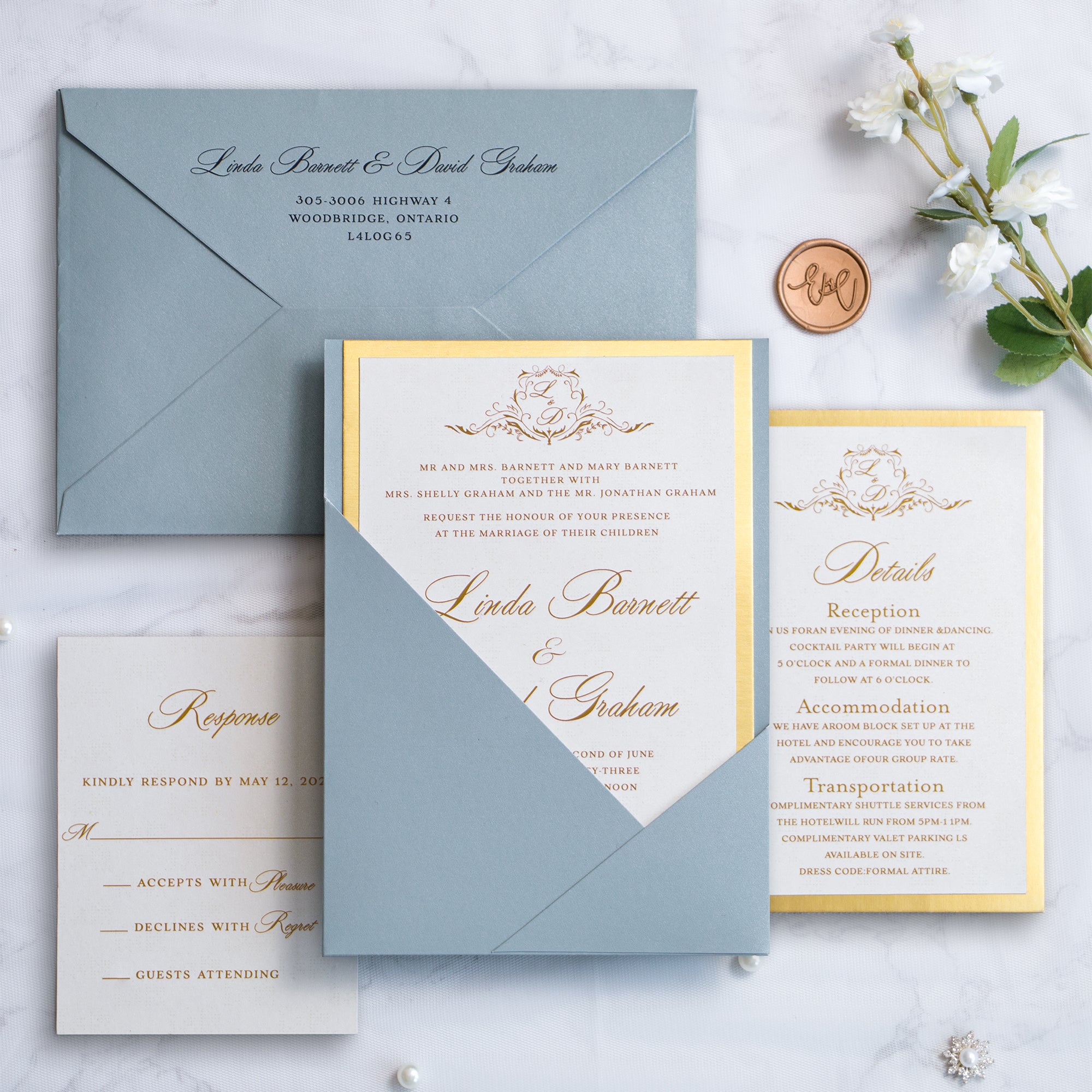 PONATIA Dusty Blue Panel Pocket Wedding Invitations Cards with Envelopes