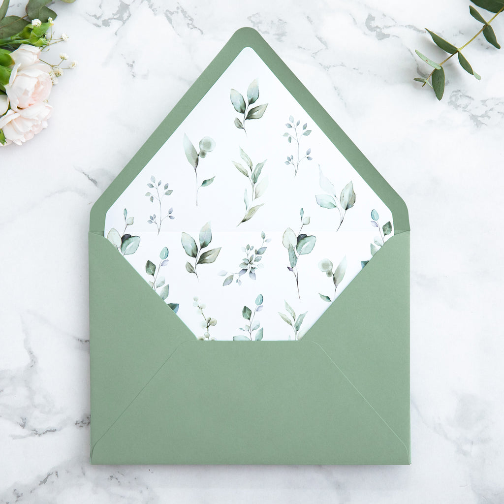 PONATIA 50 Pieces Sage Green & Green Leaves Liner Euro Flap Envelopes for  Wedding Invitation Card