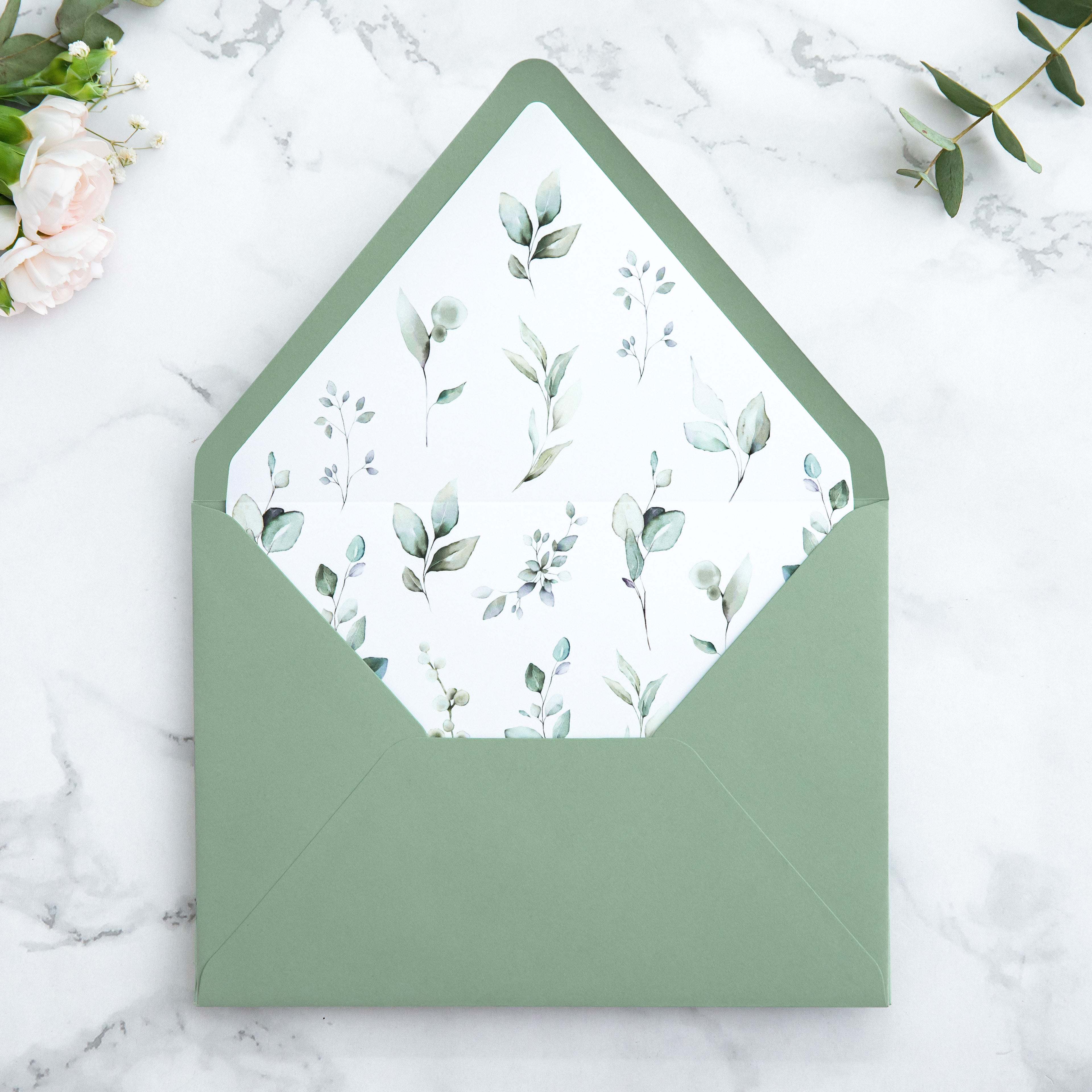 PONATIA 50 Pieces Sage Green & Green Leaves Liner Euro Flap Envelopes for  Wedding Invitation Card