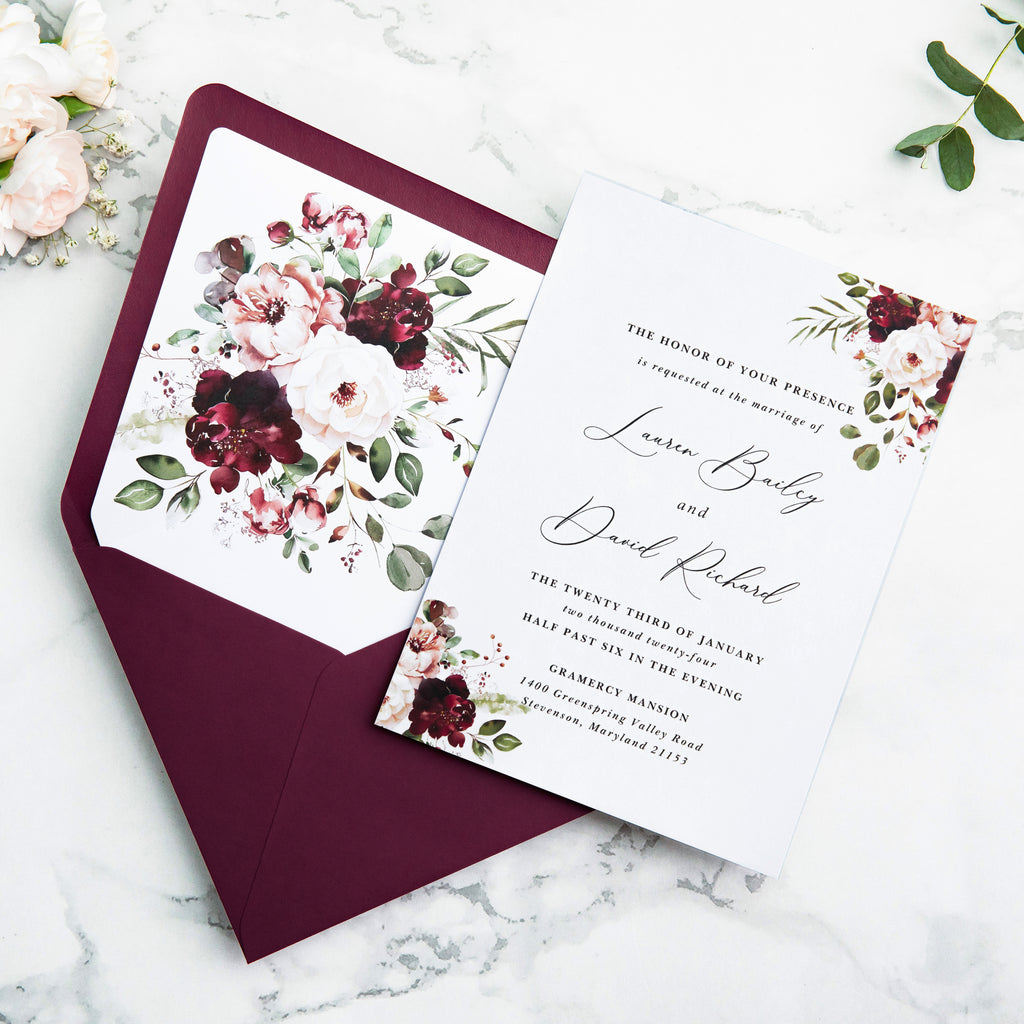 PONATIA 50 Pieces Burgundy Floral Liner Euro Flap Envelopes for  Wedding Invitation Card