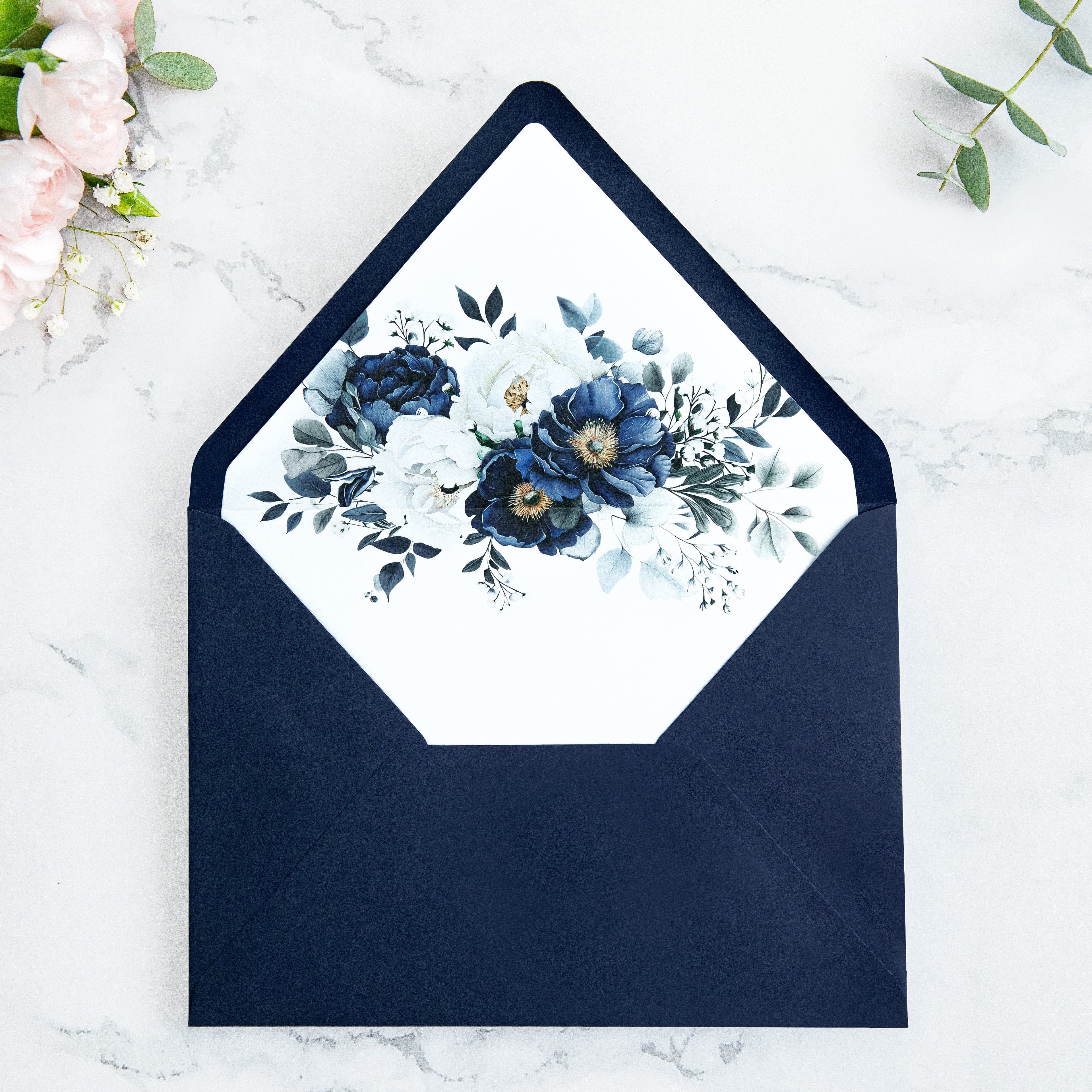 PONATIA 50 Pieces Navy Blue Floral Liner Euro Flap Envelopes for  Wedding Invitation Card