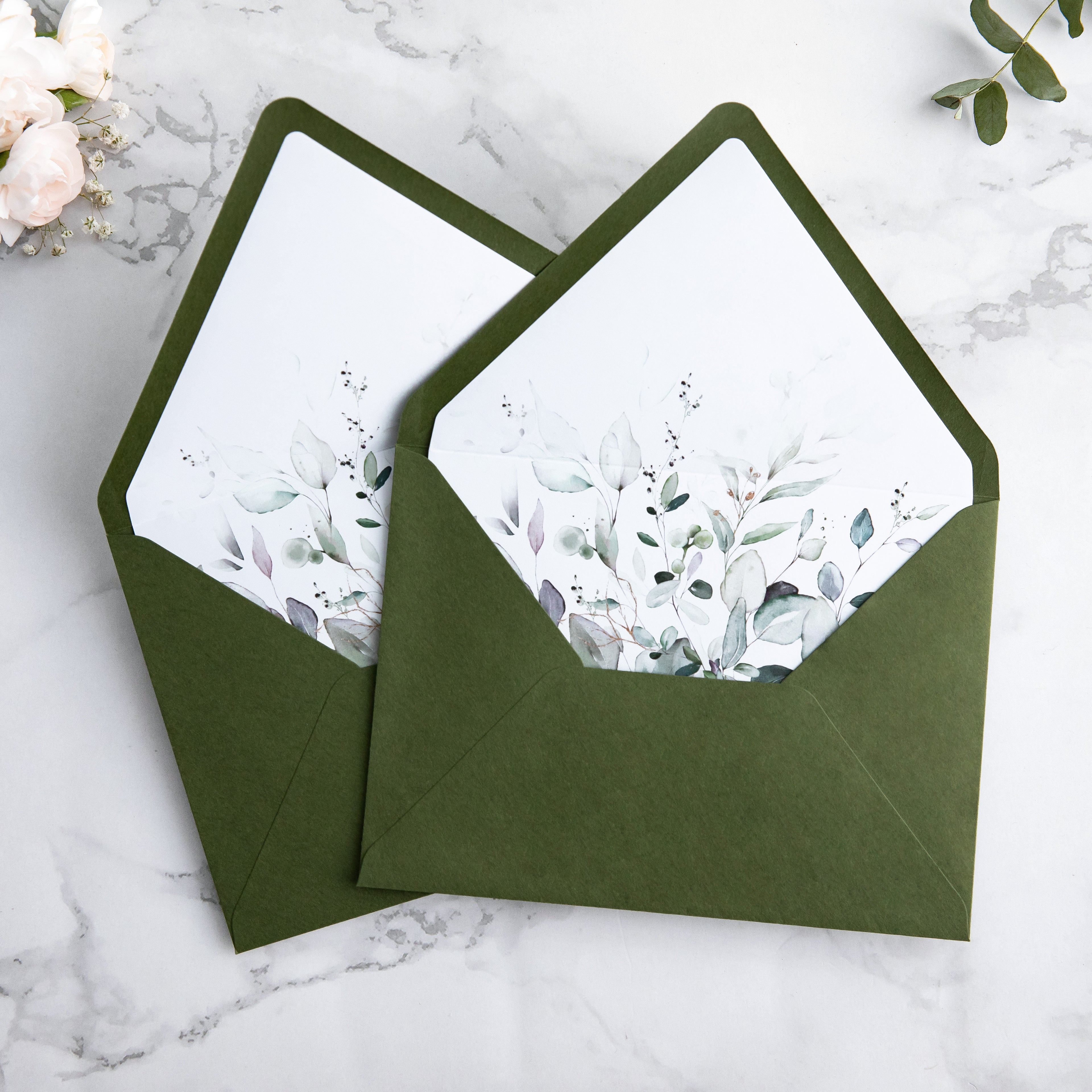 PONATIA 50 Pieces Olive Green Liner Euro Flap Envelopes for  Wedding Invitation Card