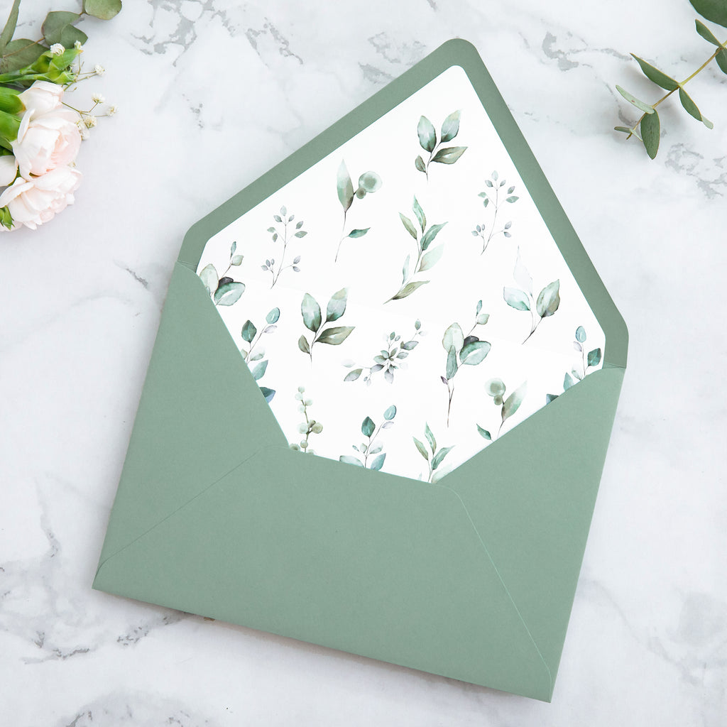 PONATIA 50 Pieces Sage Green & Green Leaves Liner Euro Flap Envelopes for  Wedding Invitation Card