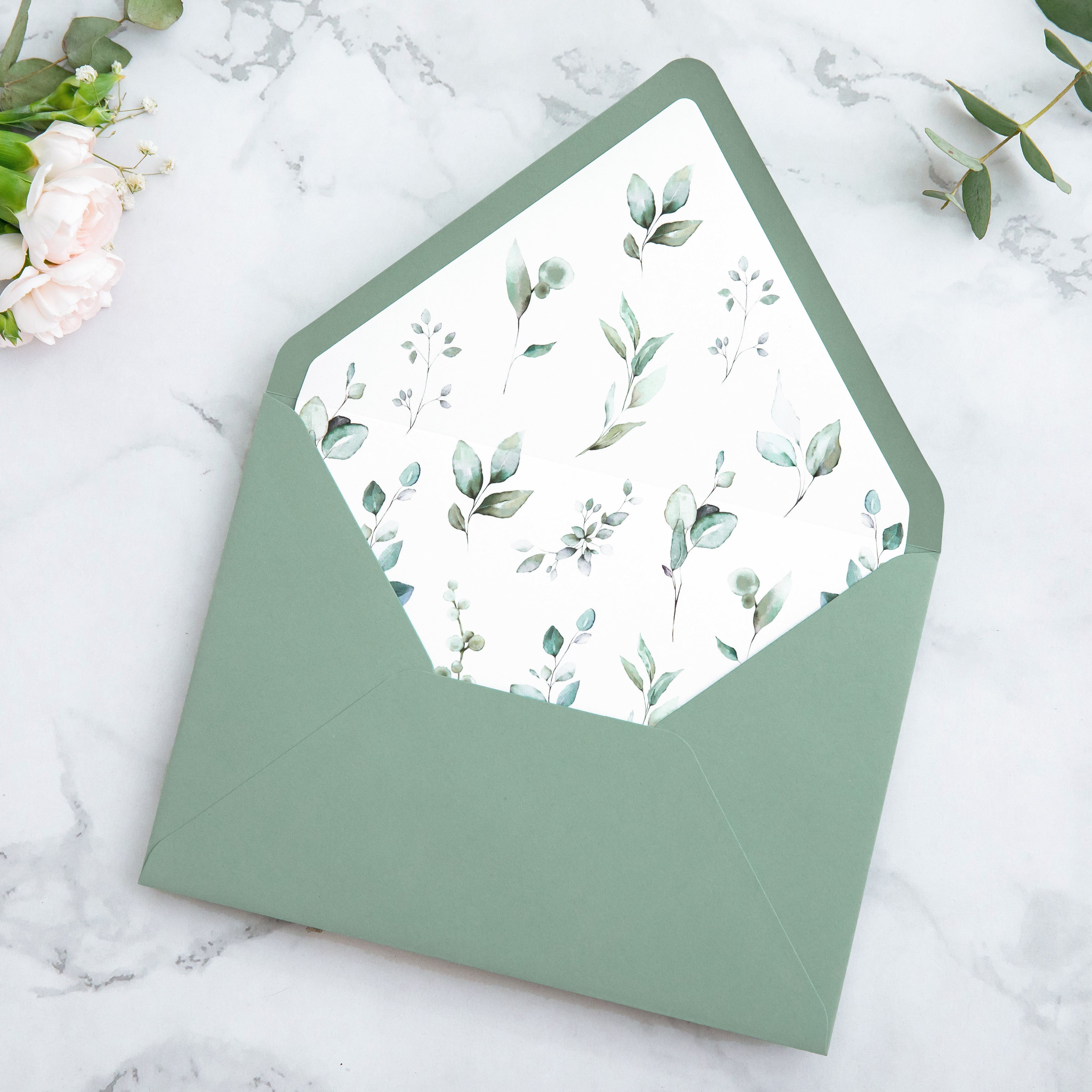 PONATIA 50 Pieces Sage Green & Green Leaves Liner Euro Flap Envelopes for  Wedding Invitation Card