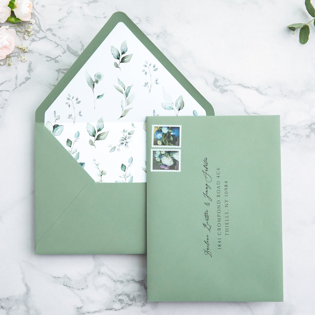 PONATIA 50 Pieces Sage Green & Green Leaves Liner Euro Flap Envelopes for  Wedding Invitation Card