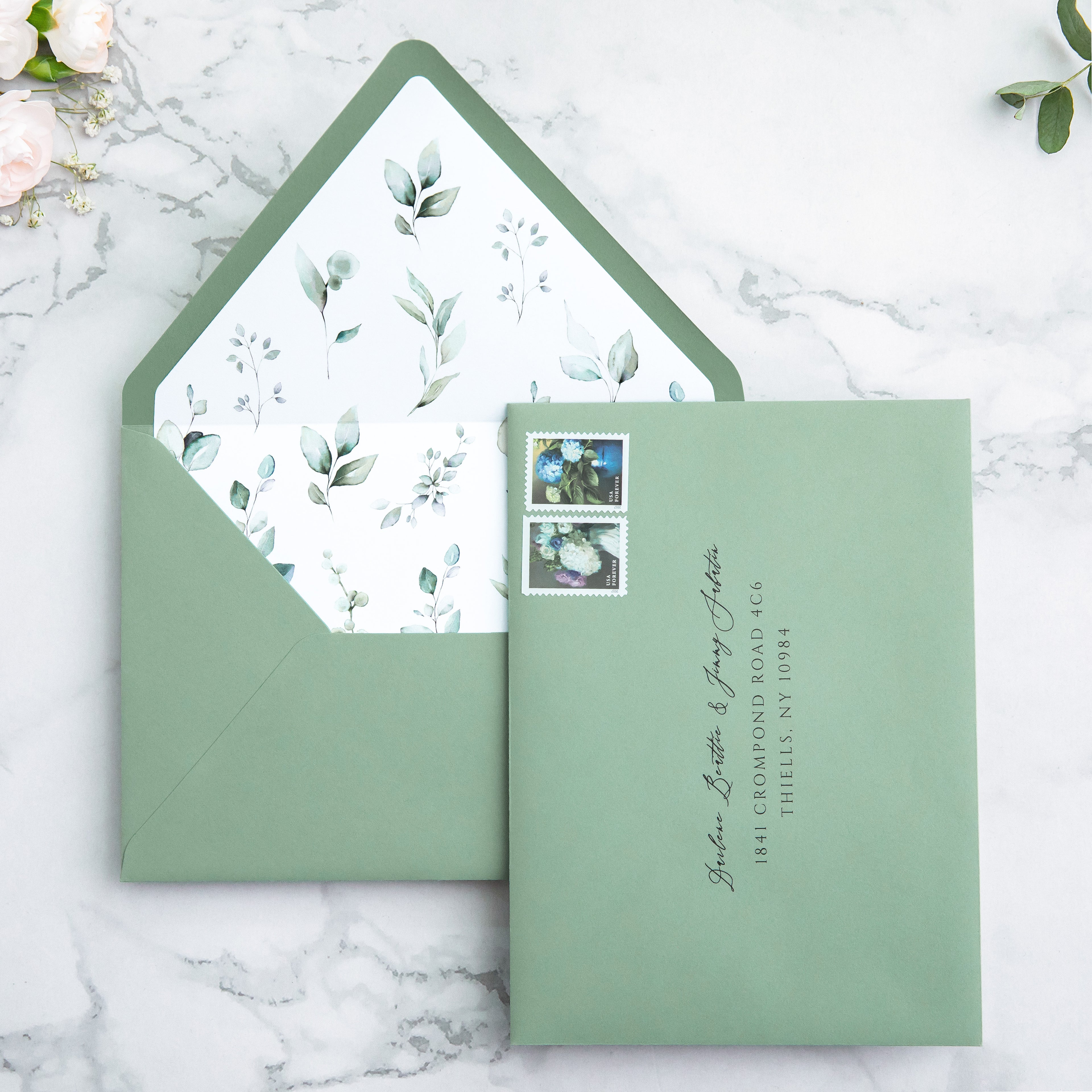 PONATIA 50 Pieces Sage Green & Green Leaves Liner Euro Flap Envelopes for  Wedding Invitation Card