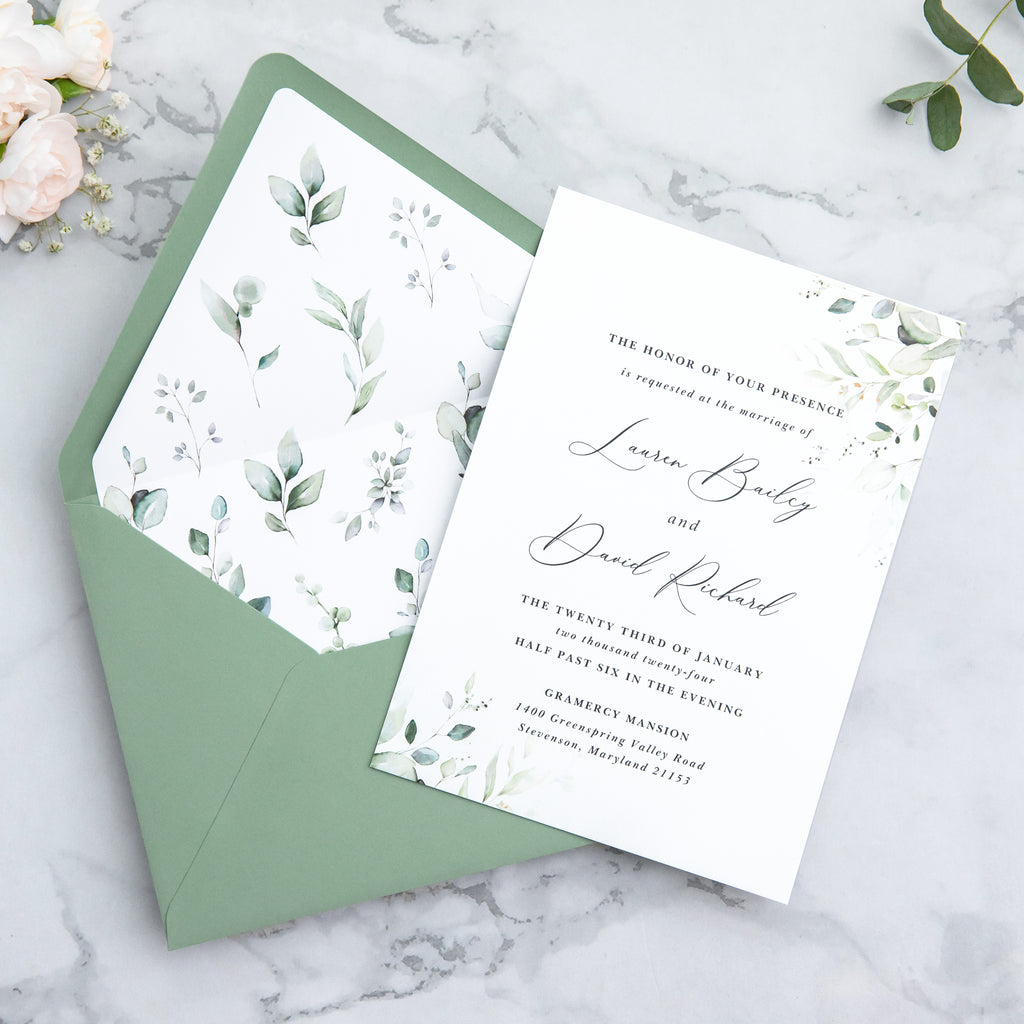 PONATIA 50 Pieces Sage Green & Green Leaves Liner Euro Flap Envelopes for  Wedding Invitation Card
