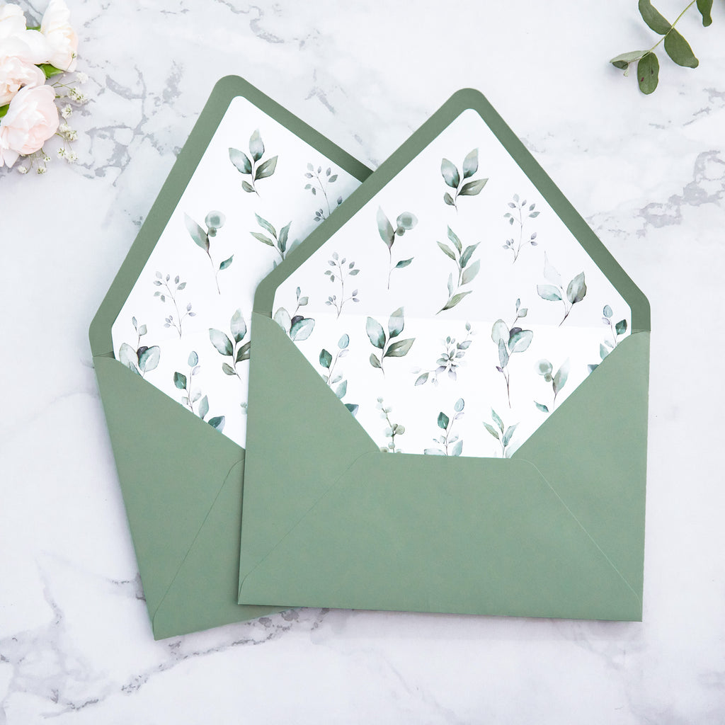 PONATIA 50 Pieces Sage Green & Green Leaves Liner Euro Flap Envelopes for  Wedding Invitation Card