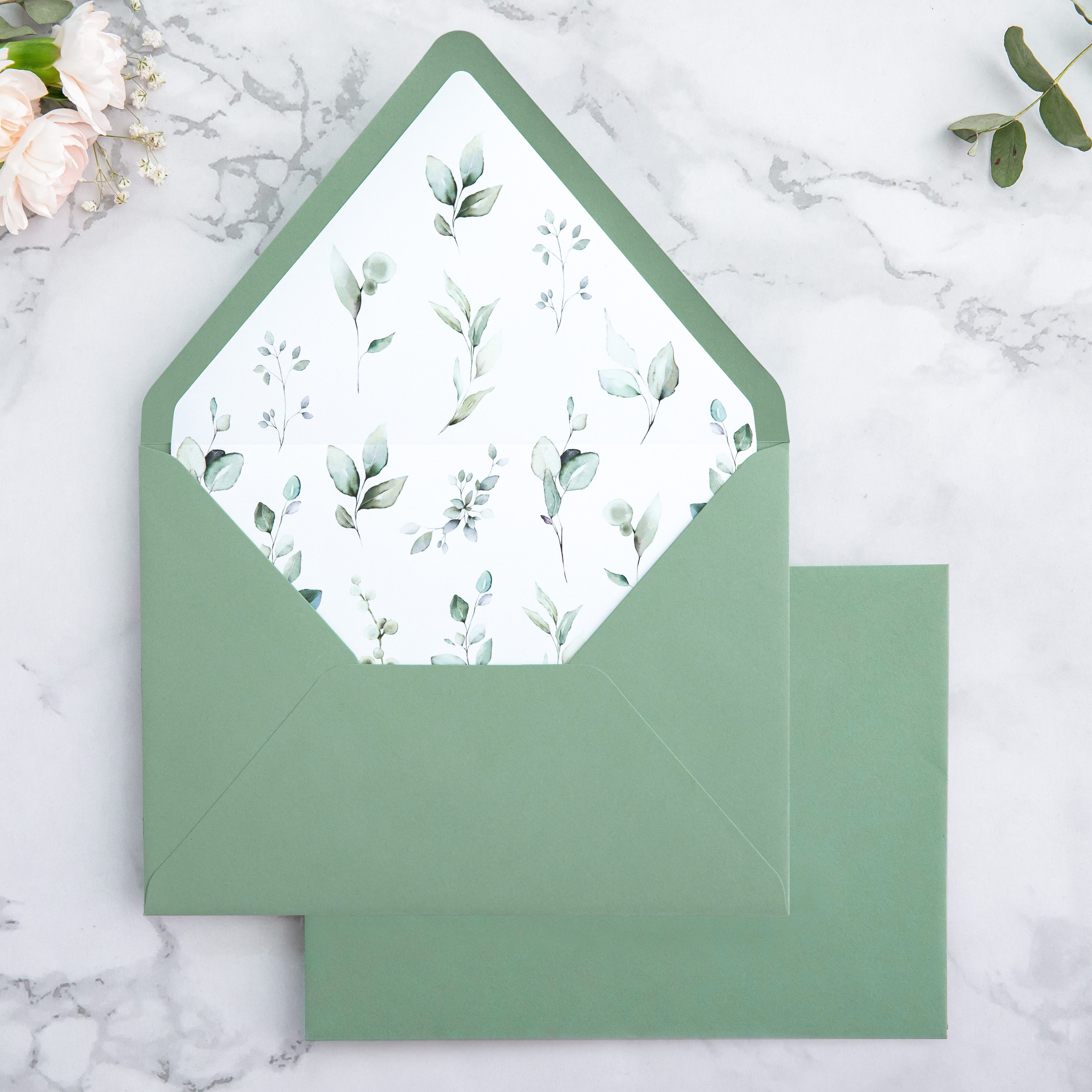 PONATIA 50 Pieces Sage Green & Green Leaves Liner Euro Flap Envelopes for  Wedding Invitation Card