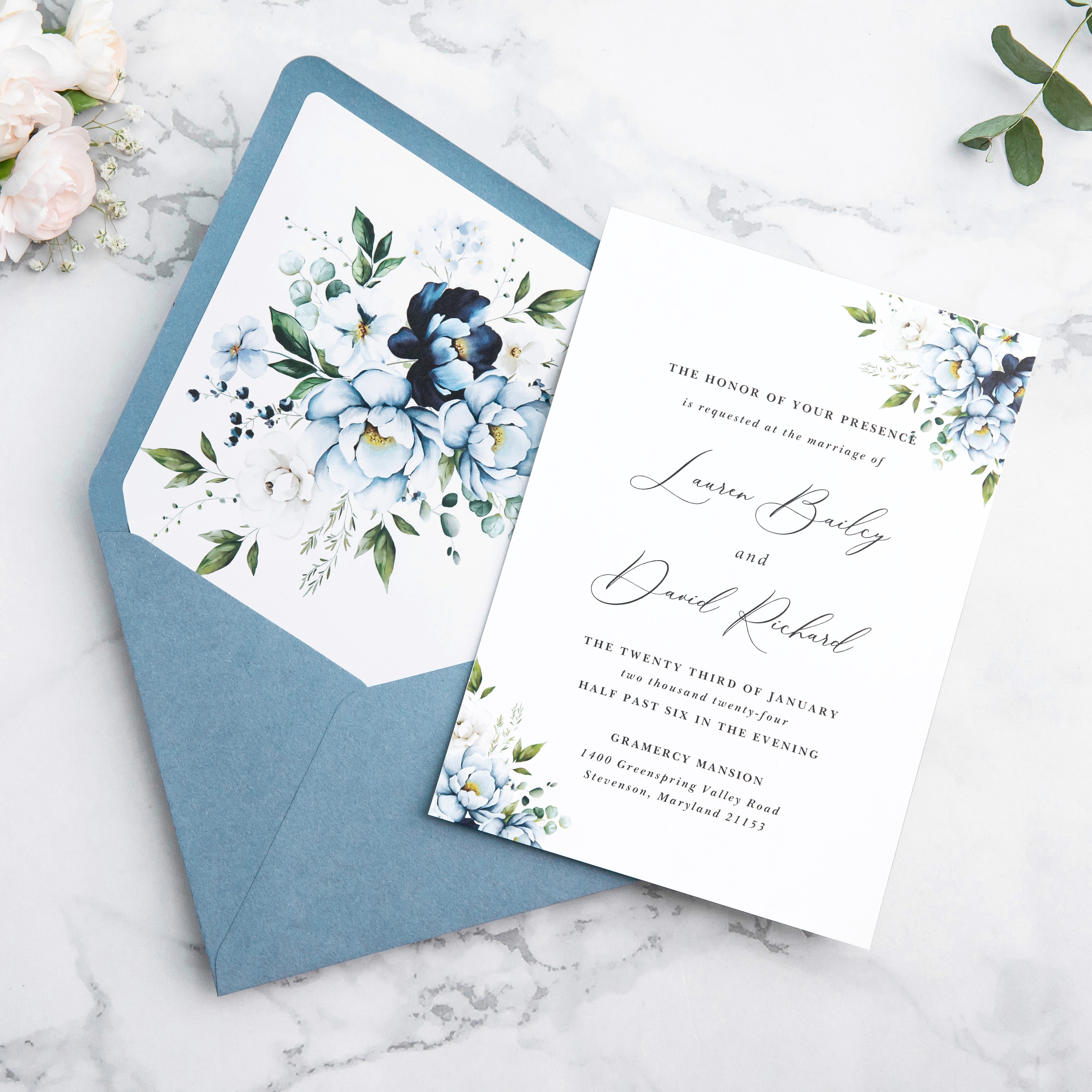 PONATIA 50 Pieces Dusty Blue Floral Liner Euro Flap Envelopes for  Wedding Invitation Card