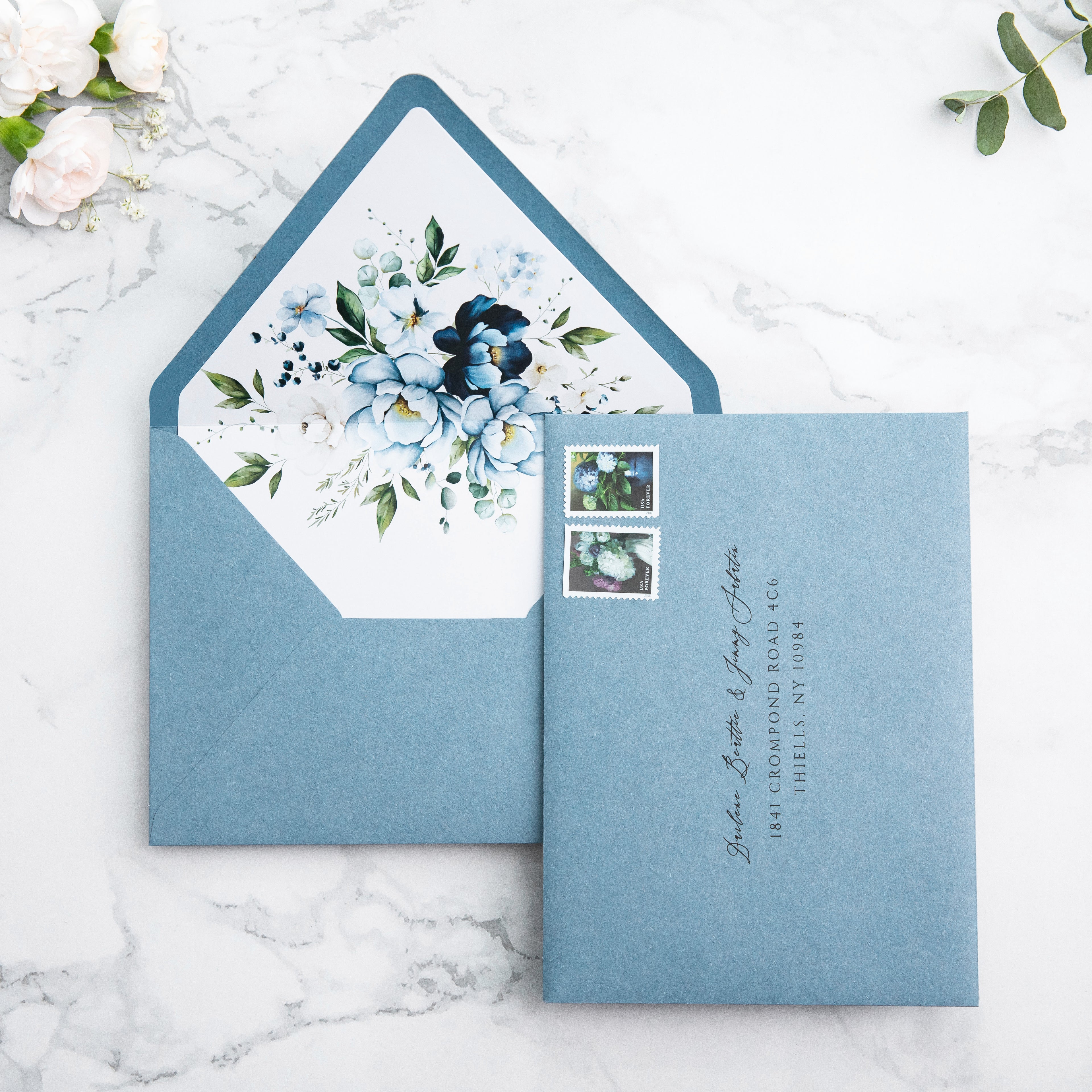 PONATIA 50 Pieces Dusty Blue Floral Liner Euro Flap Envelopes for  Wedding Invitation Card