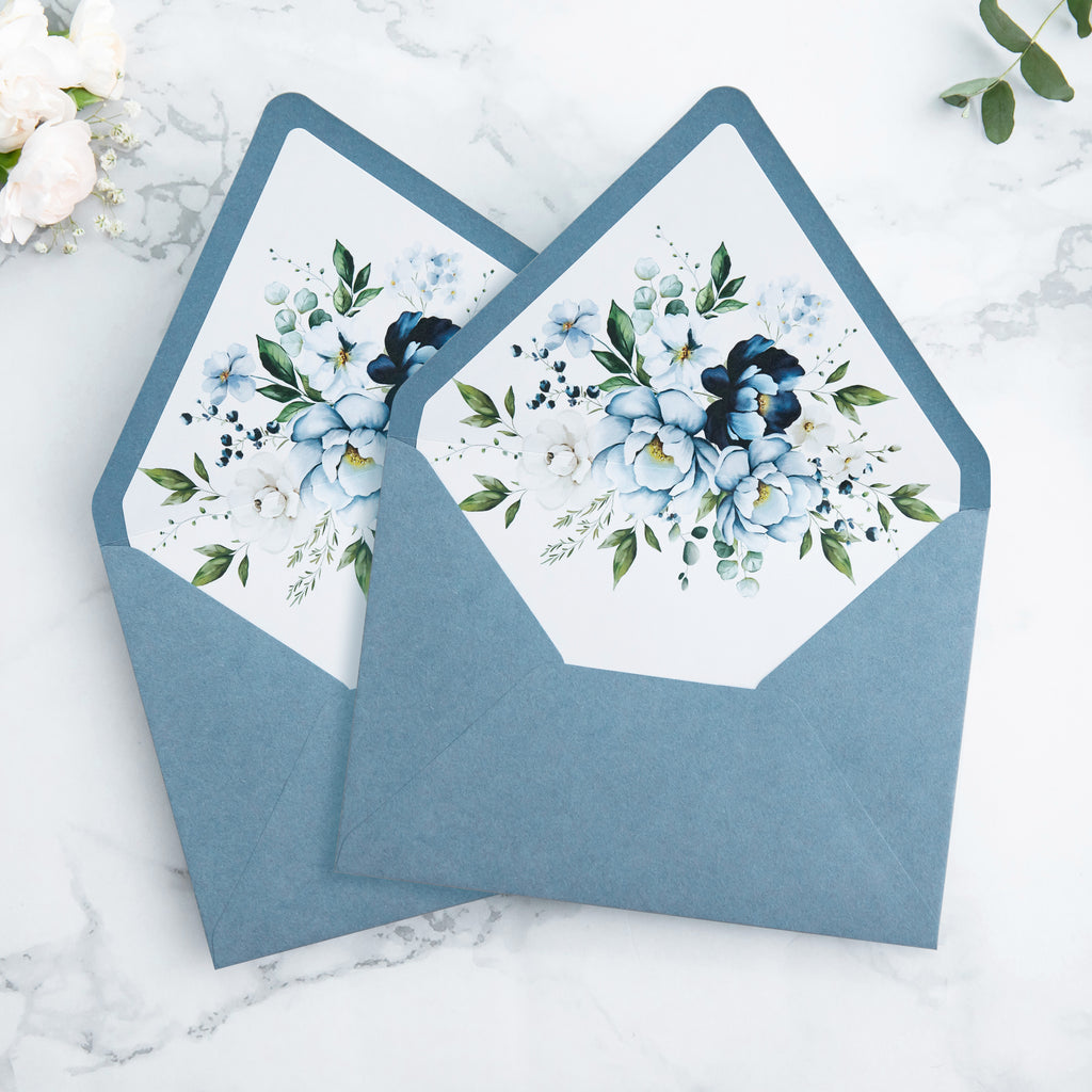 PONATIA 50 Pieces Dusty Blue Floral Liner Euro Flap Envelopes for  Wedding Invitation Card