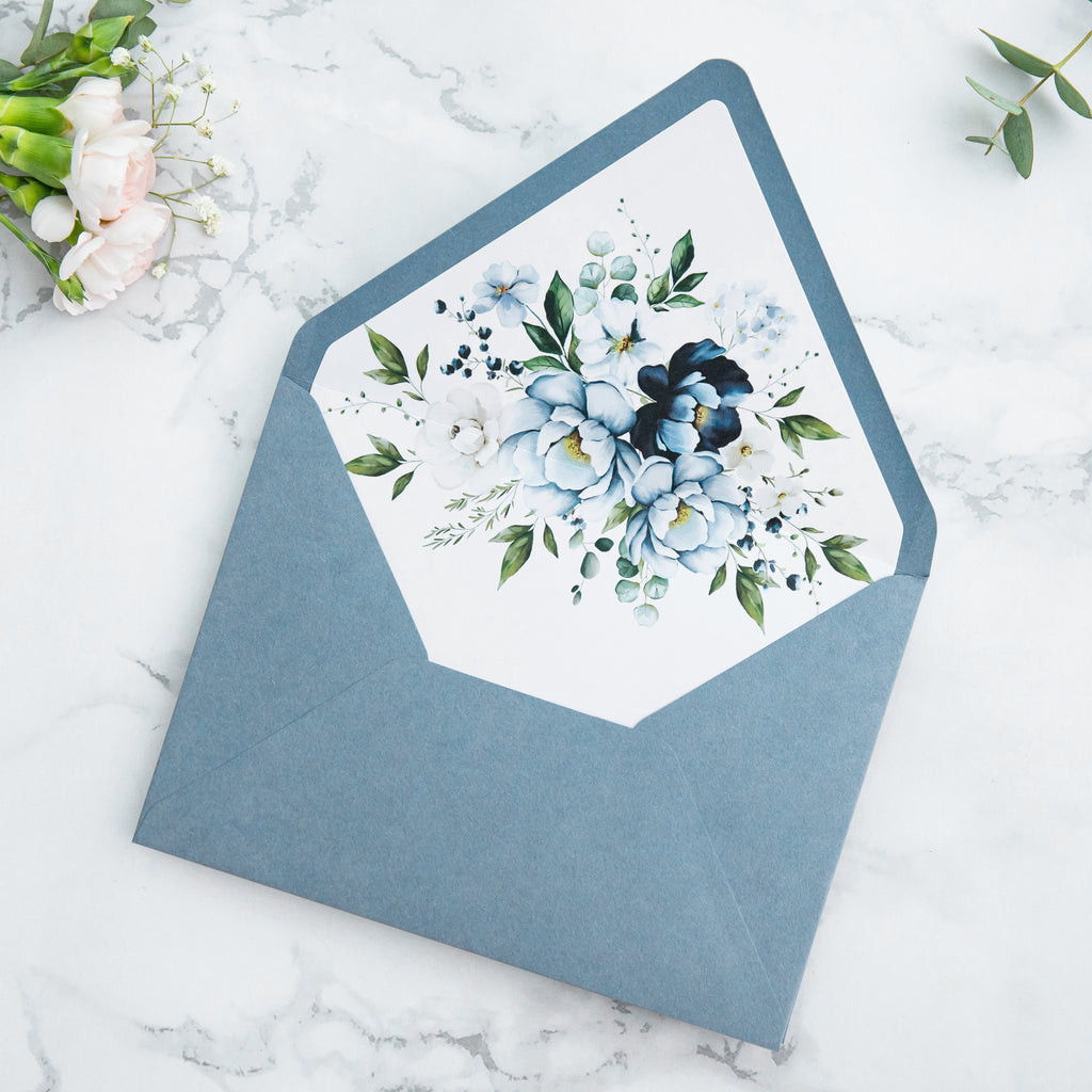 PONATIA 50 Pieces Dusty Blue Floral Liner Euro Flap Envelopes for  Wedding Invitation Card
