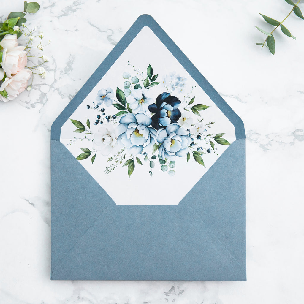 PONATIA 50 Pieces Dusty Blue Floral Liner Euro Flap Envelopes for  Wedding Invitation Card
