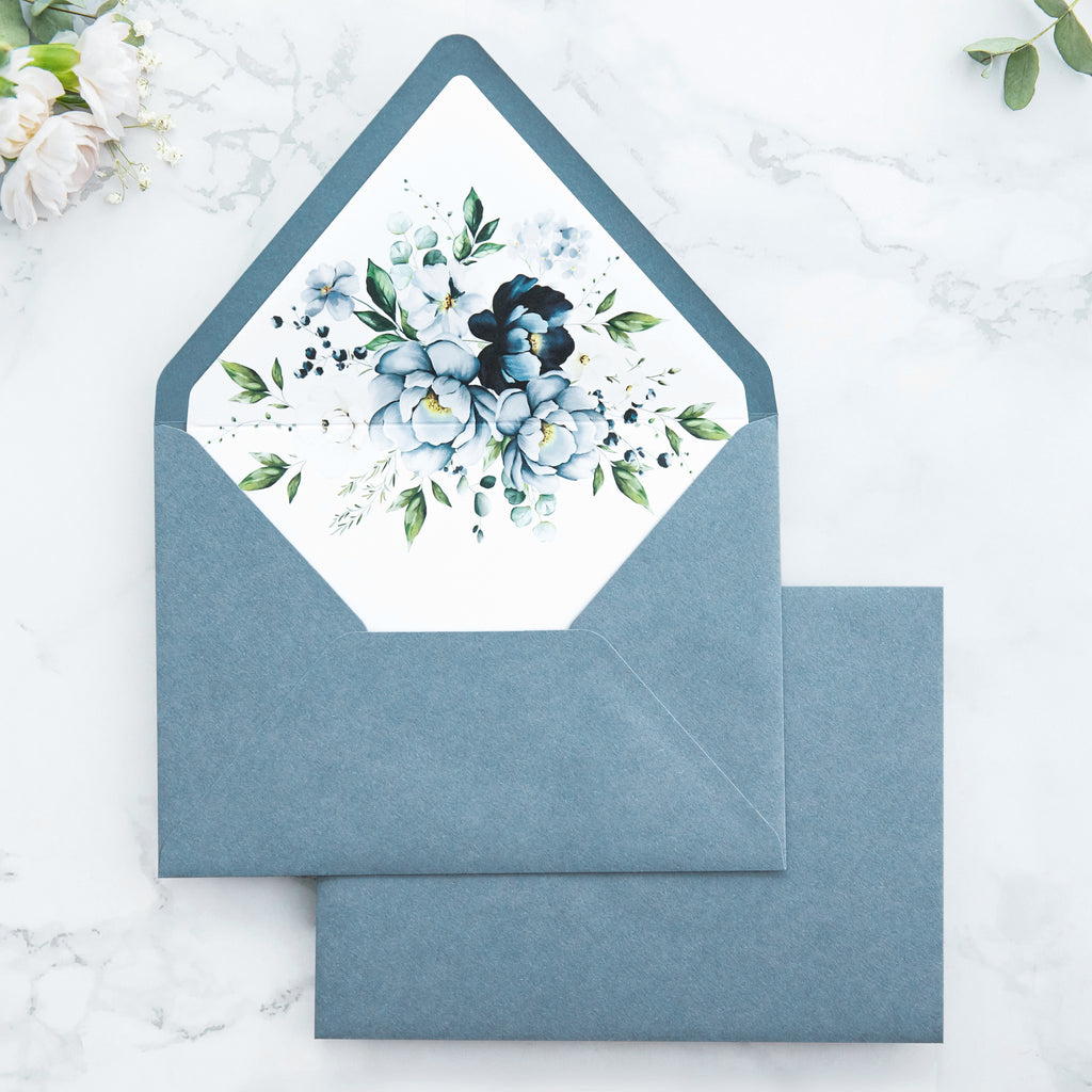 PONATIA 50 Pieces Dusty Blue Floral Liner Euro Flap Envelopes for  Wedding Invitation Card