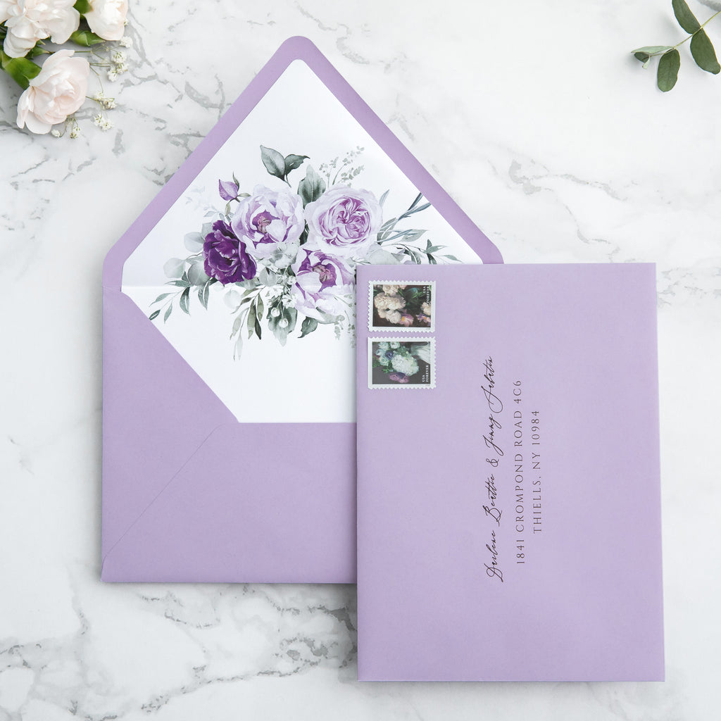 PONATIA 50 Pieces Shiny Lilac Floral Liner Euro Flap Envelopes for  Wedding Invitation Card