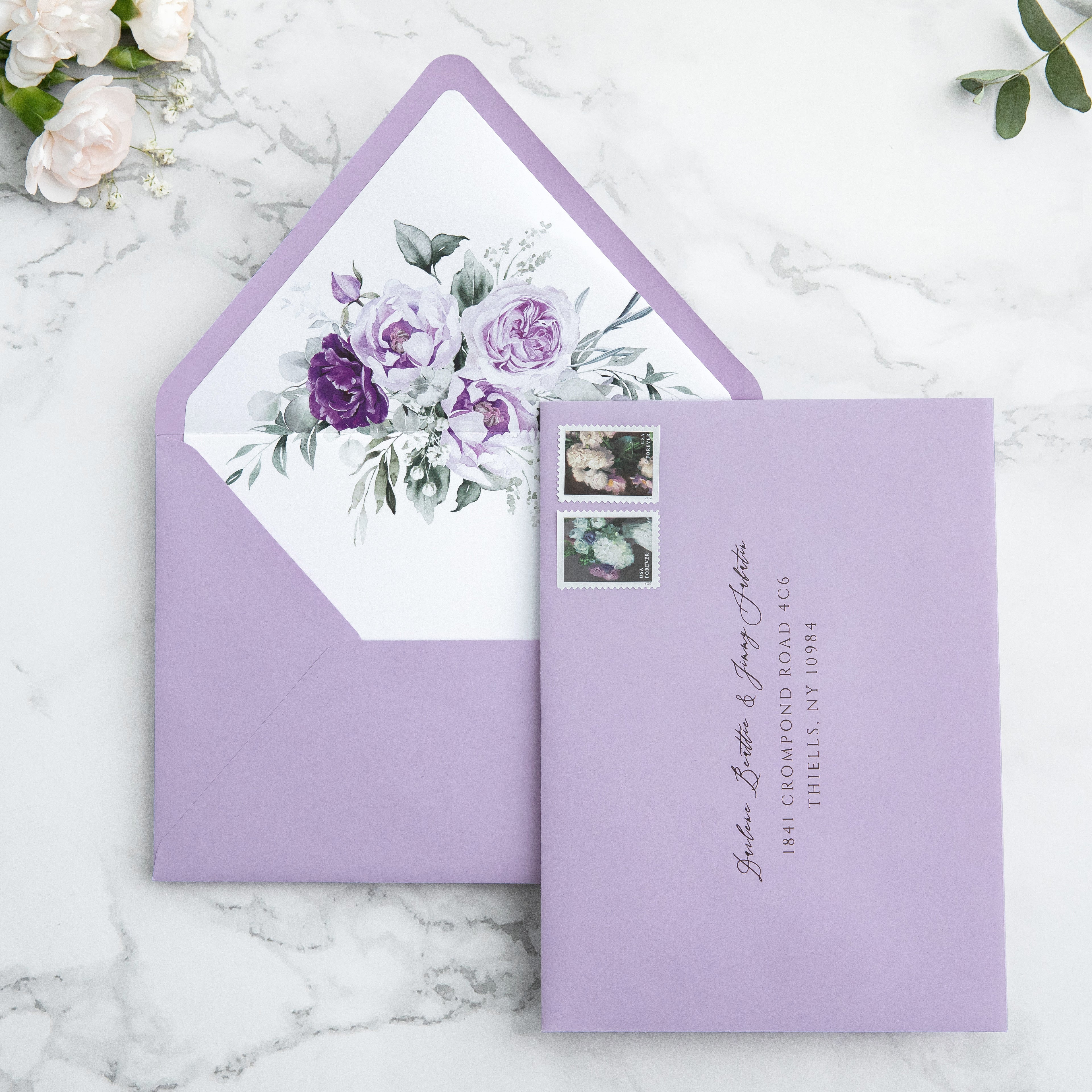 PONATIA 50 Pieces Shiny Lilac Floral Liner Euro Flap Envelopes for  Wedding Invitation Card