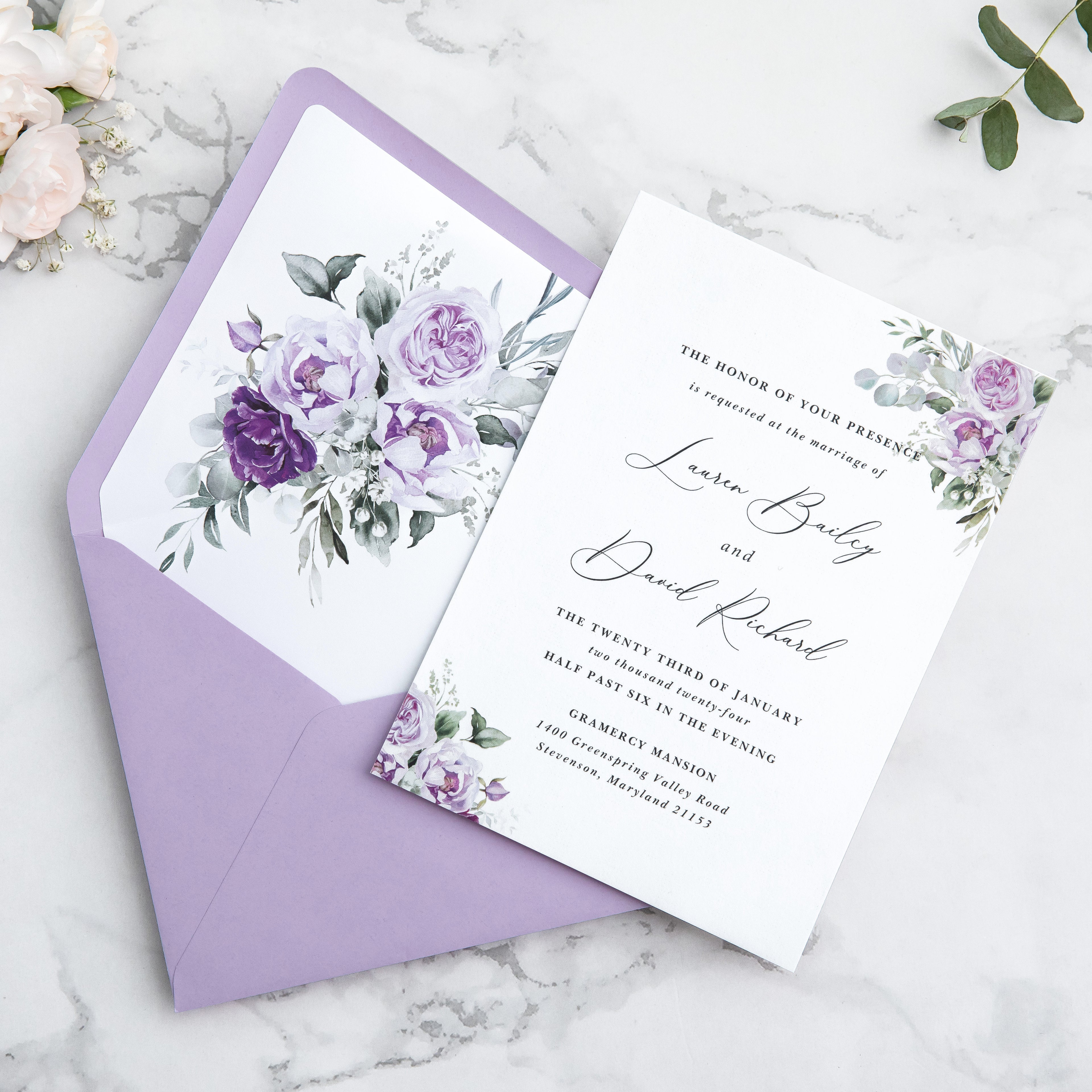 PONATIA 50 Pieces Shiny Lilac Floral Liner Euro Flap Envelopes for  Wedding Invitation Card