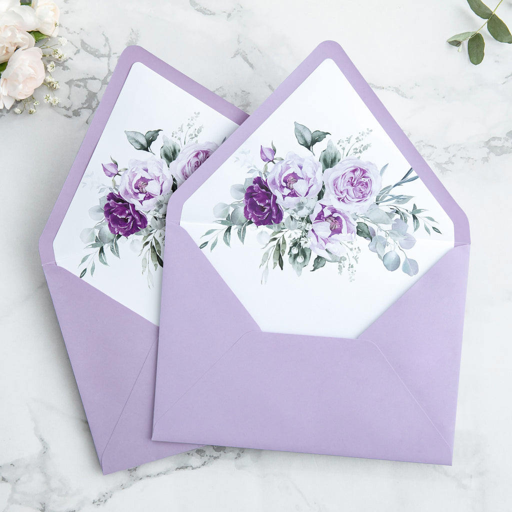 PONATIA 50 Pieces Shiny Lilac Floral Liner Euro Flap Envelopes for  Wedding Invitation Card