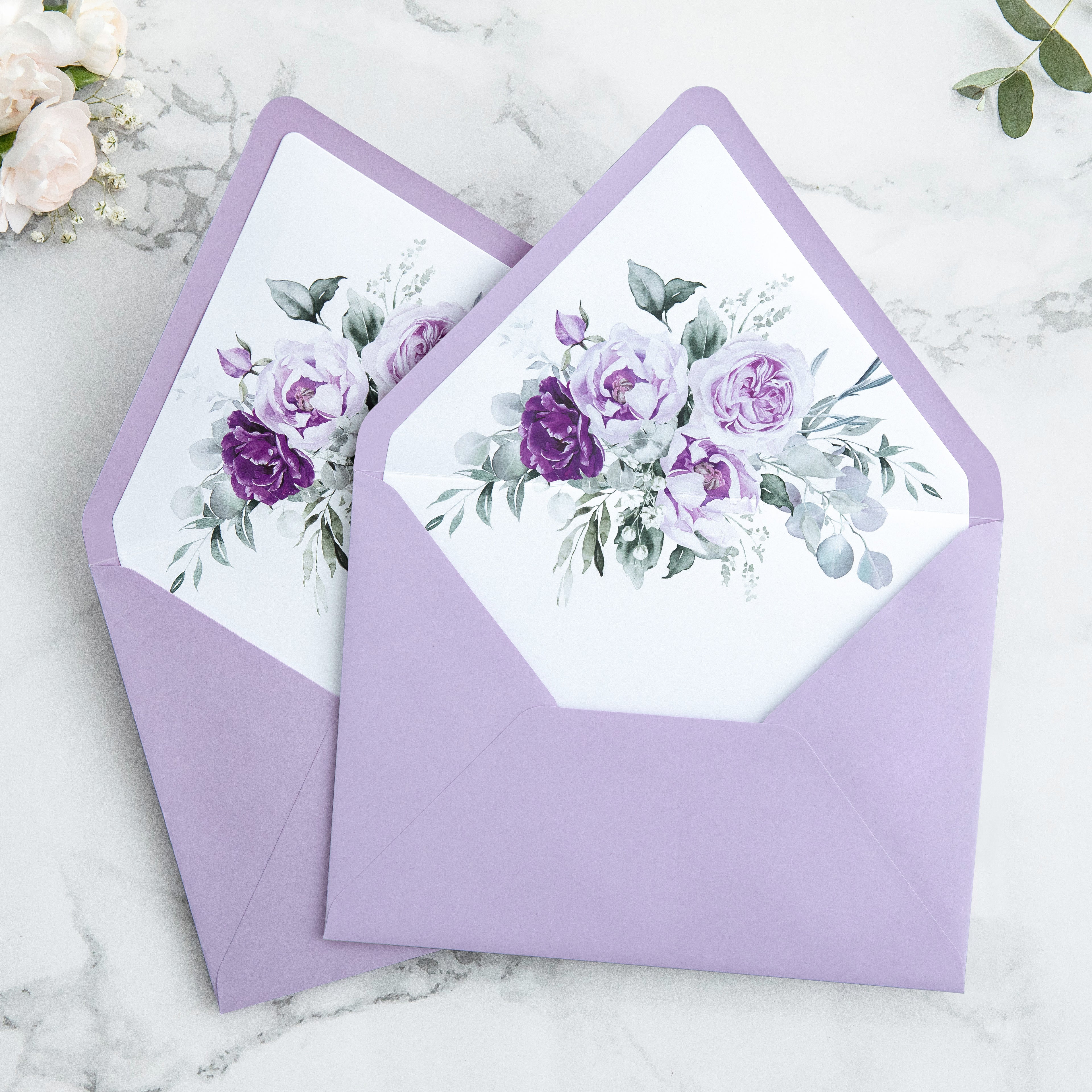 PONATIA 50 Pieces Shiny Lilac Floral Liner Euro Flap Envelopes for  Wedding Invitation Card