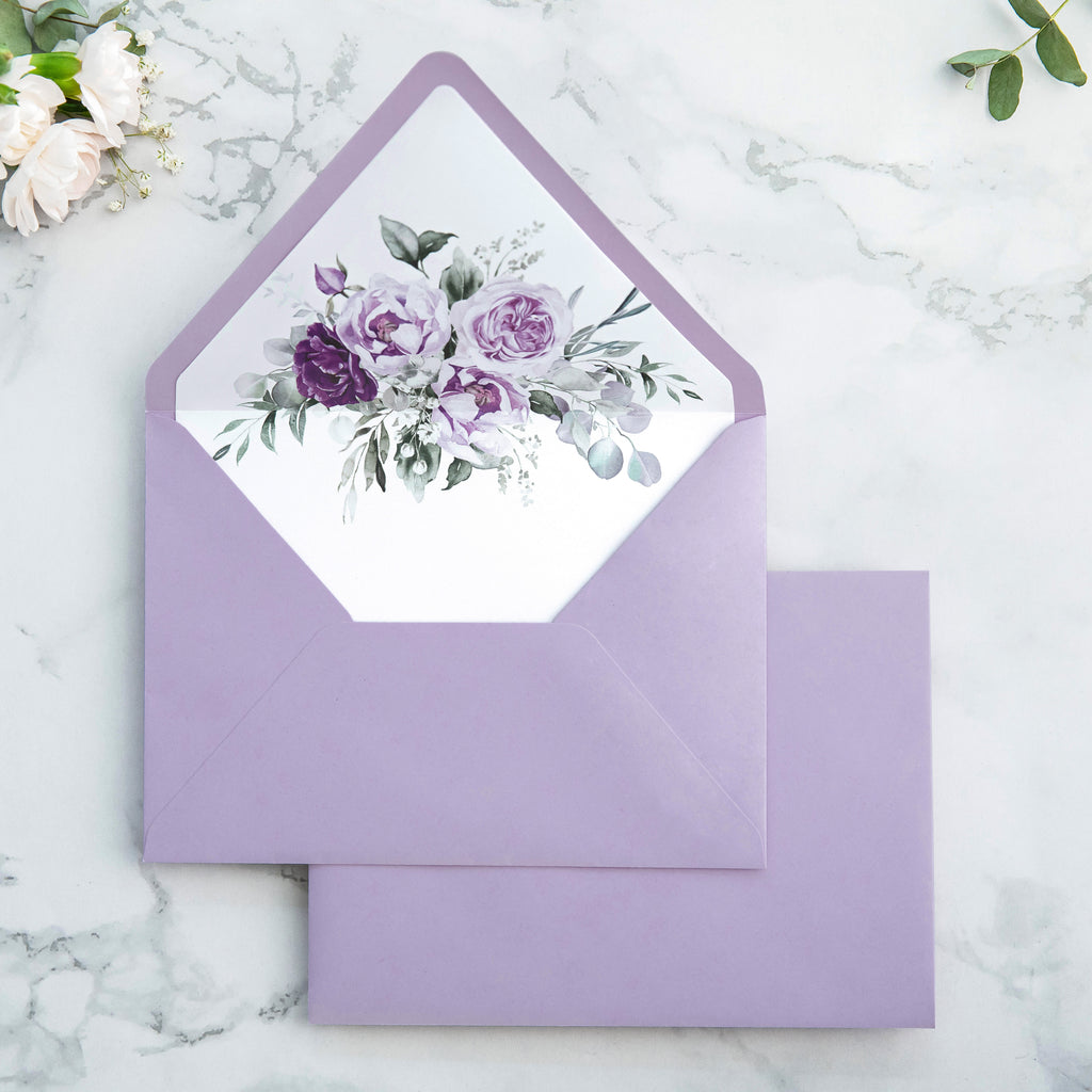 PONATIA 50 Pieces Shiny Lilac Floral Liner Euro Flap Envelopes for  Wedding Invitation Card
