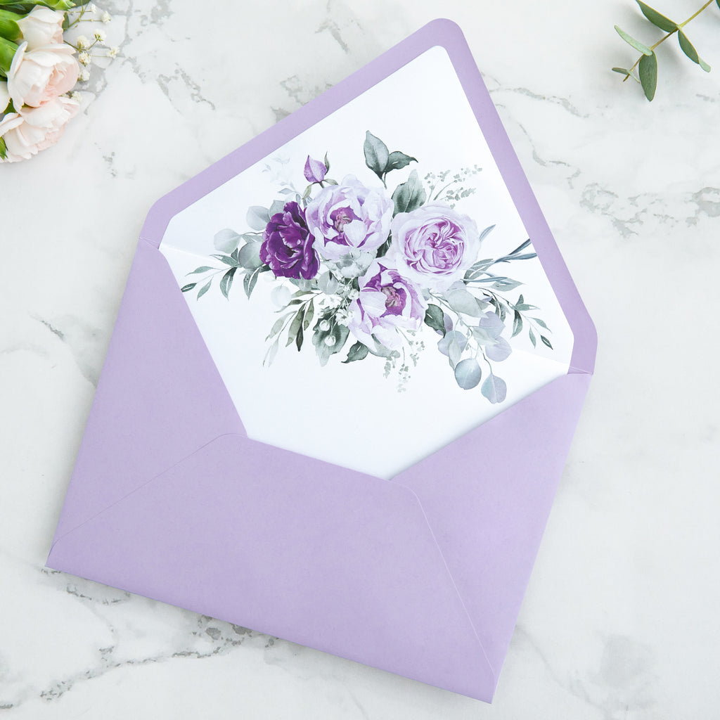 PONATIA 50 Pieces Shiny Lilac Floral Liner Euro Flap Envelopes for  Wedding Invitation Card
