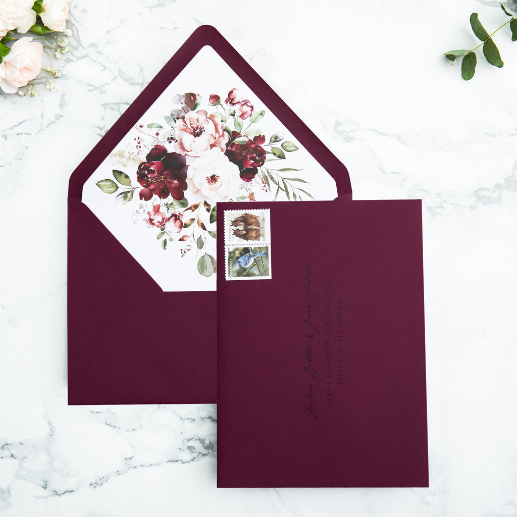 PONATIA 50 Pieces Burgundy Floral Liner Euro Flap Envelopes for  Wedding Invitation Card