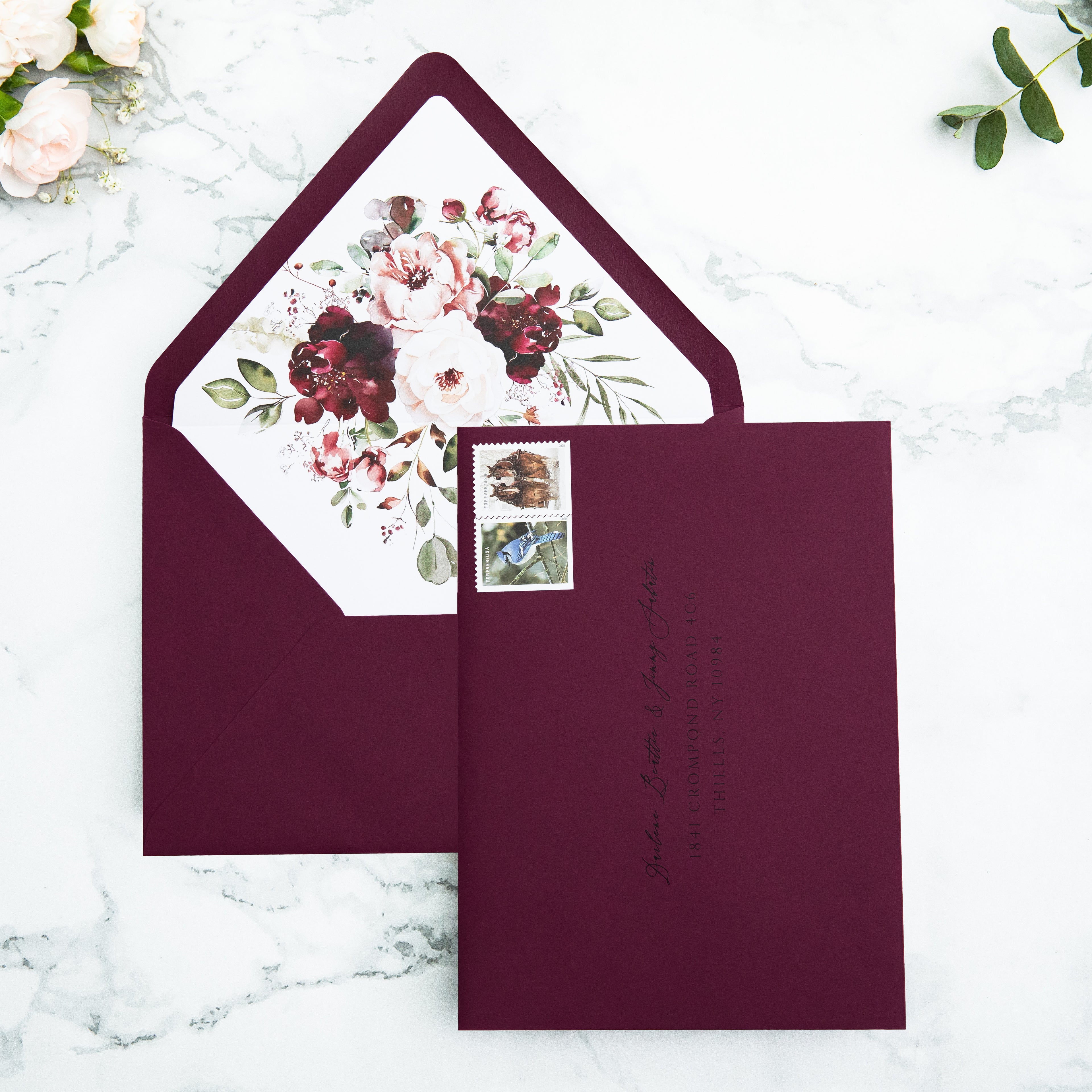 PONATIA 50 Pieces Burgundy Floral Liner Euro Flap Envelopes for  Wedding Invitation Card