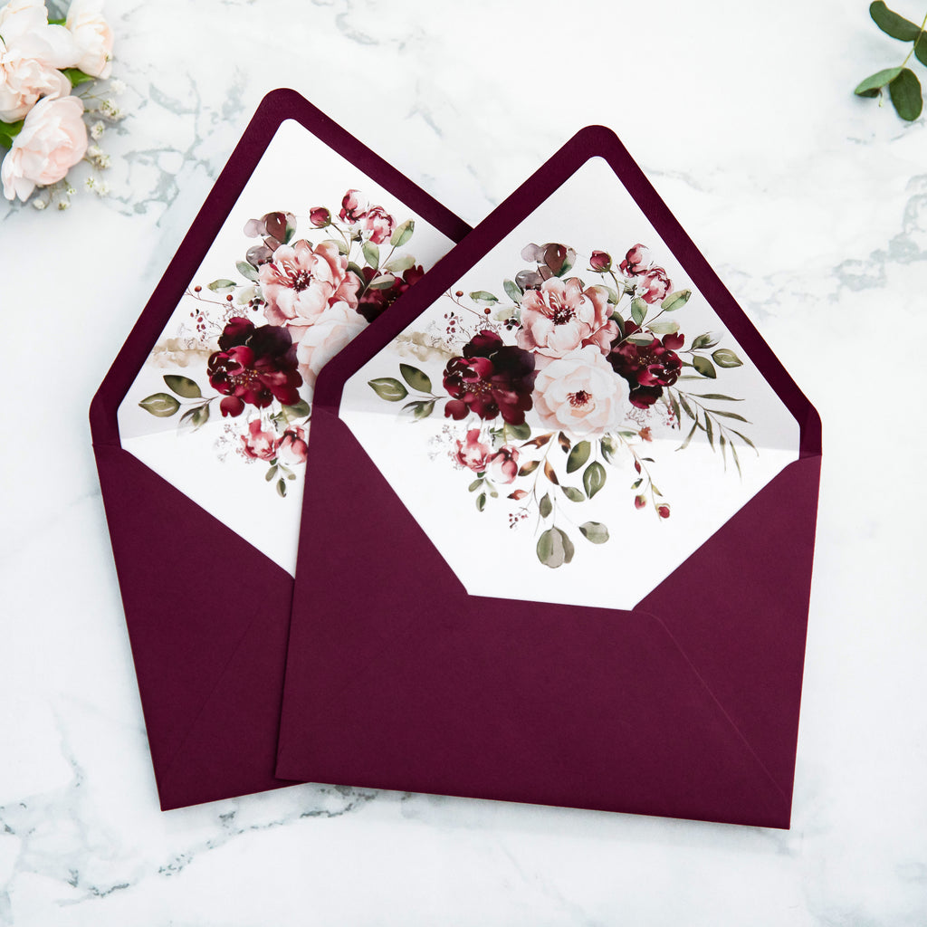 PONATIA 50 Pieces Burgundy Floral Liner Euro Flap Envelopes for  Wedding Invitation Card