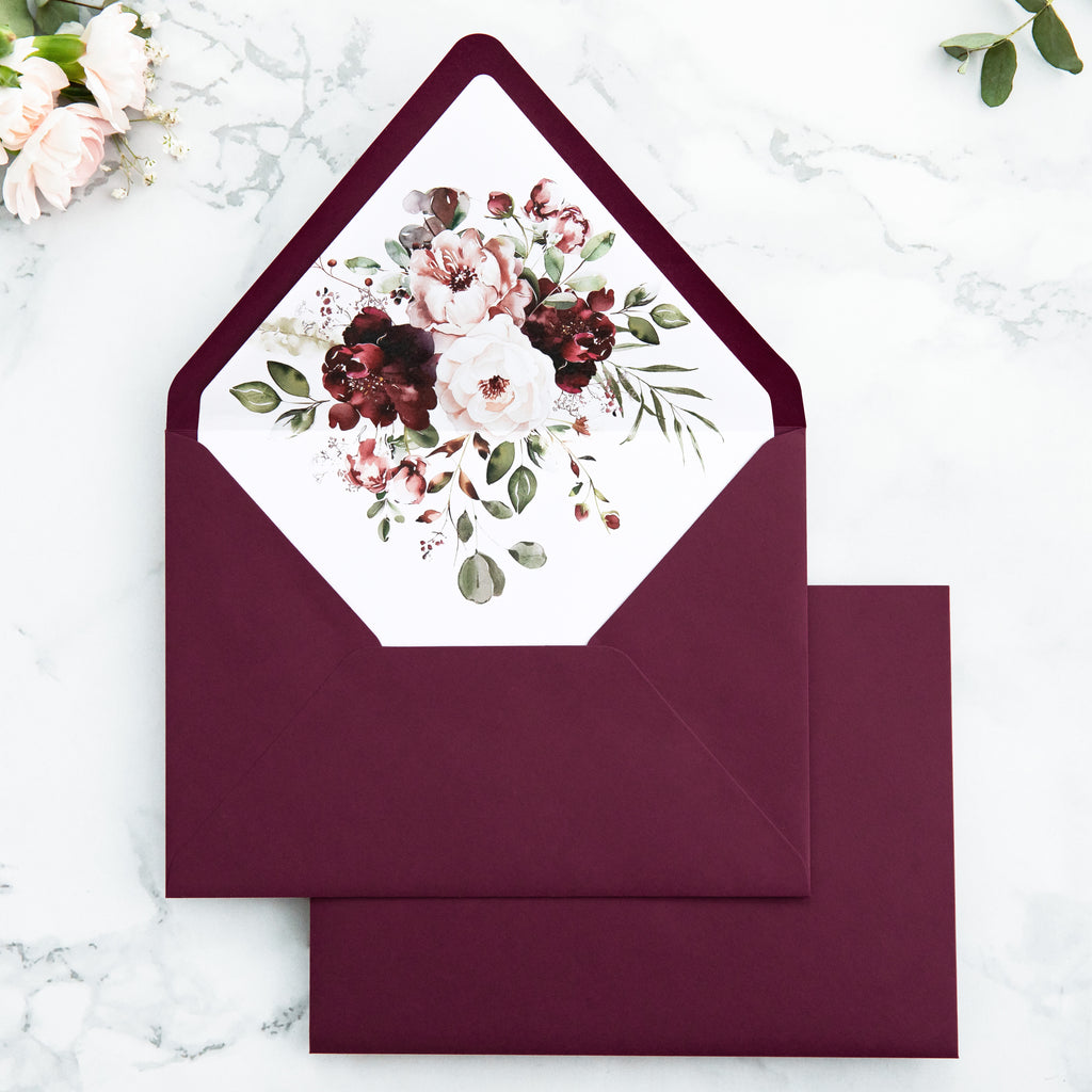 PONATIA 50 Pieces Burgundy Floral Liner Euro Flap Envelopes for  Wedding Invitation Card