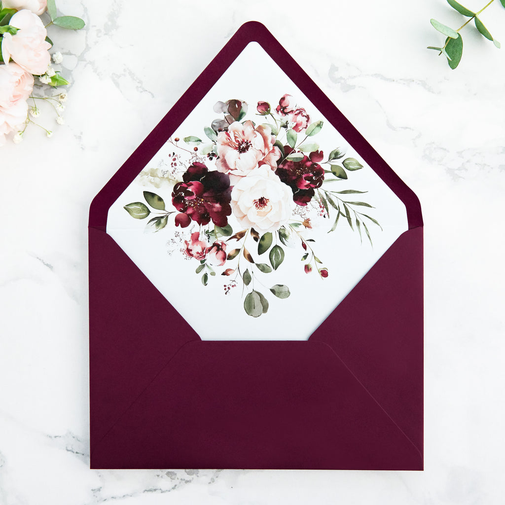 PONATIA 50 Pieces Burgundy Floral Liner Euro Flap Envelopes for  Wedding Invitation Card